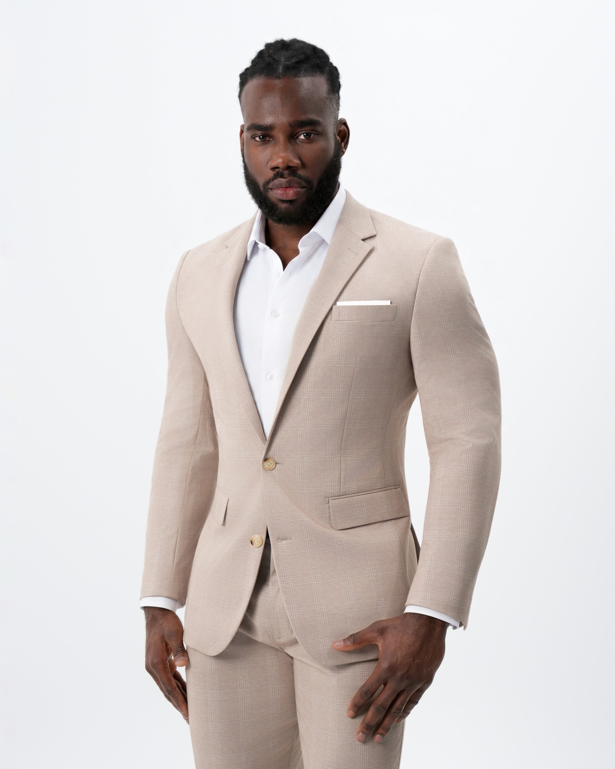 Athletic Fit Stretch Suit - Cream Plaid