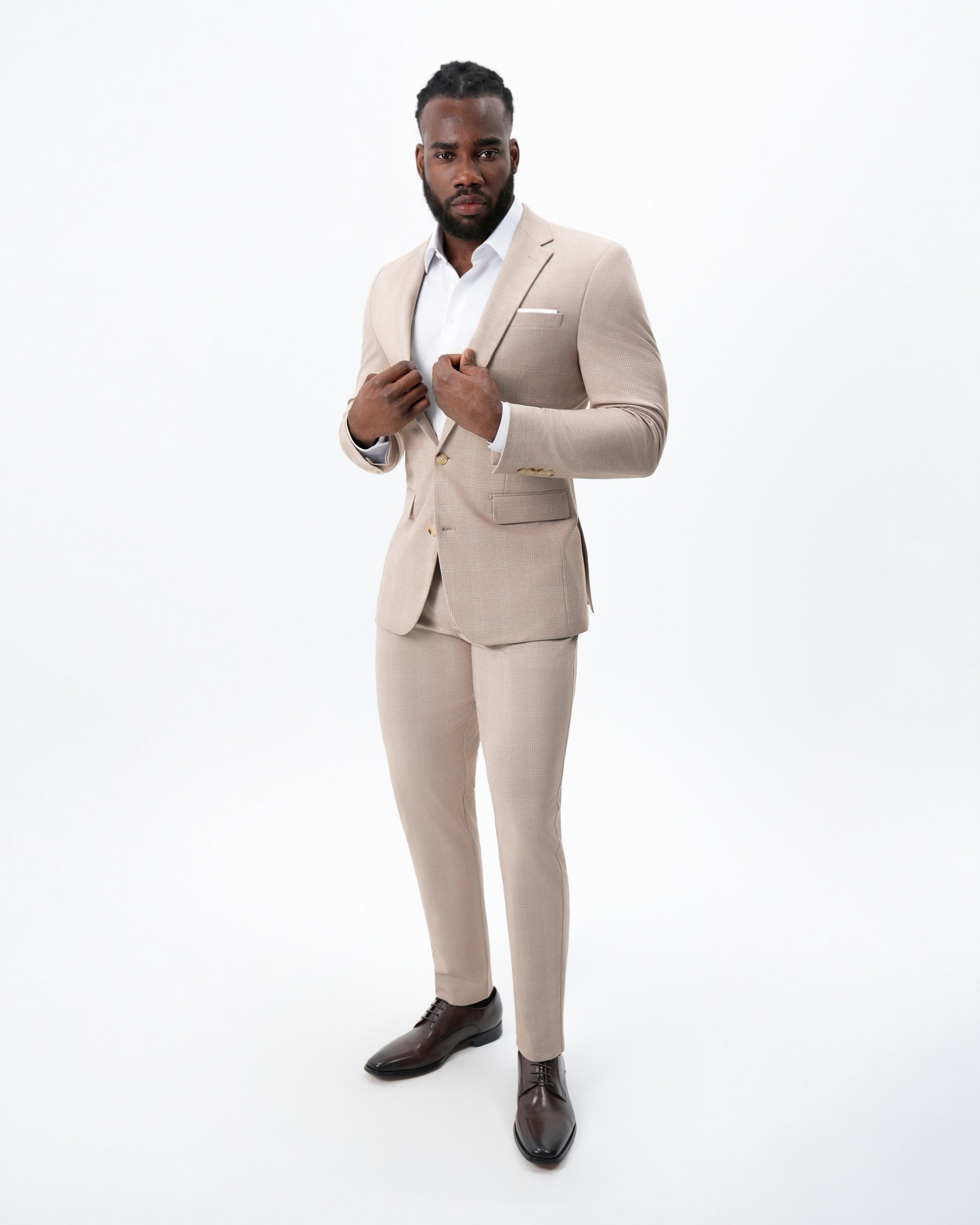 Athletic Fit Stretch Suit - Cream Plaid