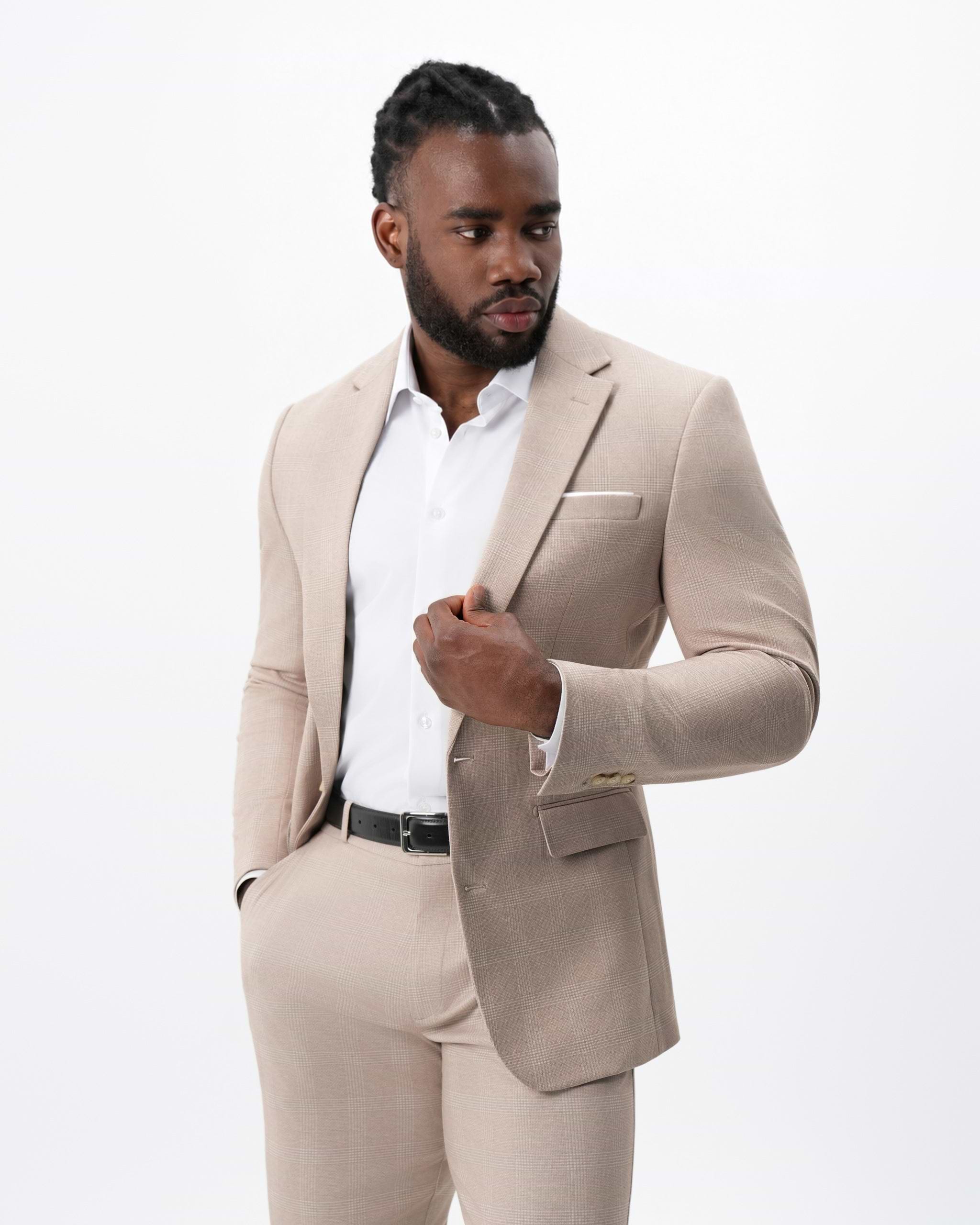 Athletic Fit Stretch Suit - Cream Plaid