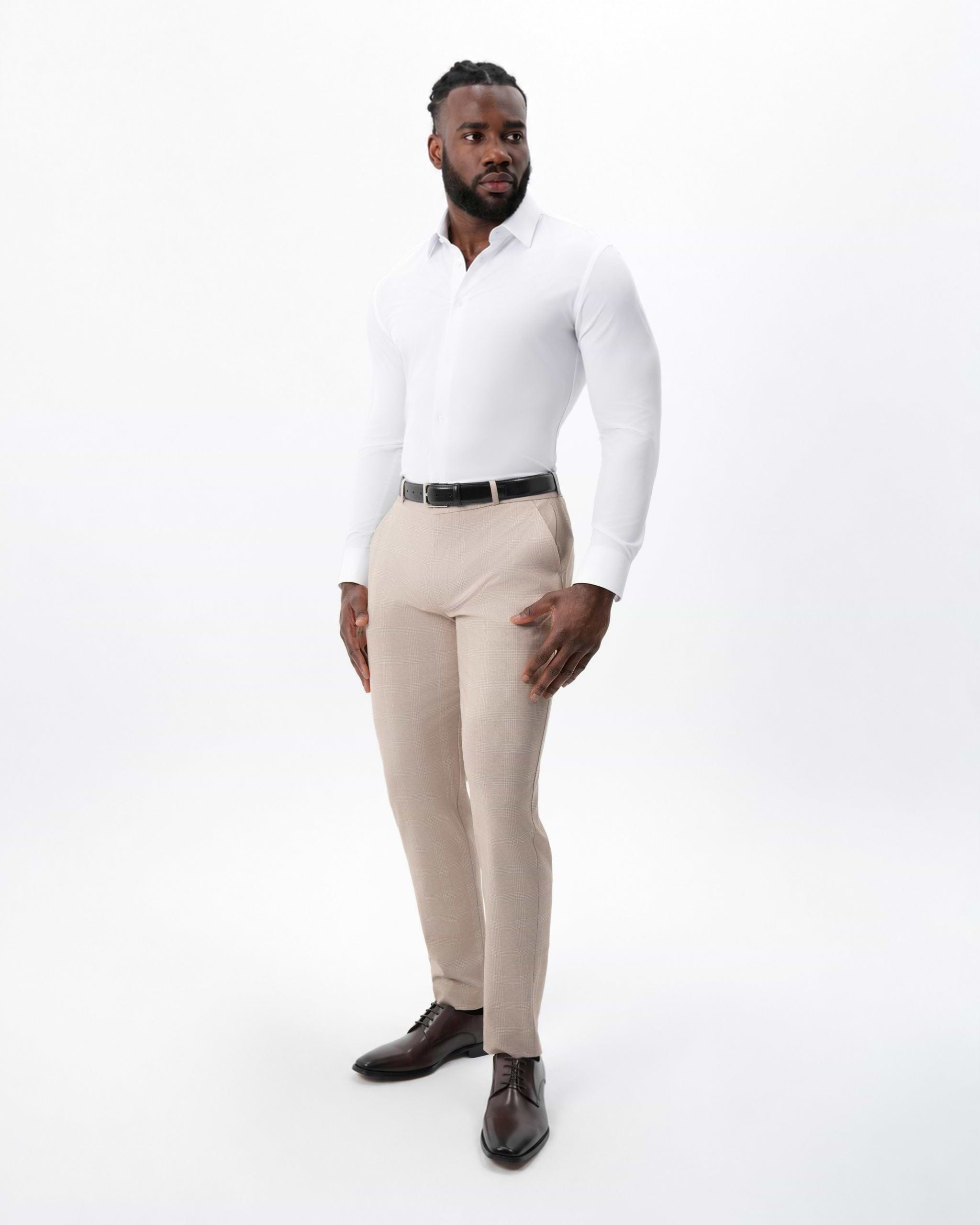 Athletic Fit Stretch Suit Pants - Cream Plaid