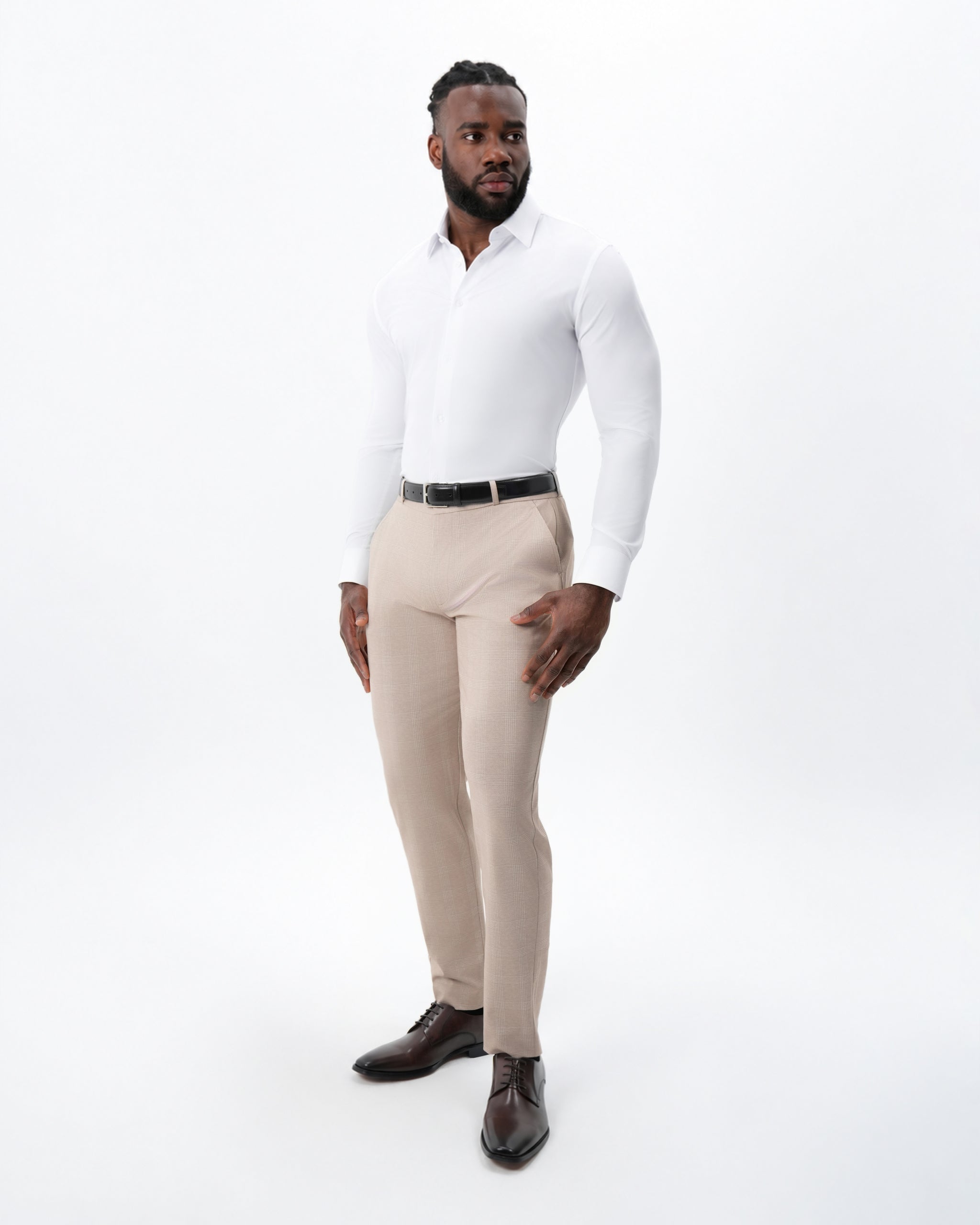Athletic Fit Stretch Suit Pants - Cream Plaid