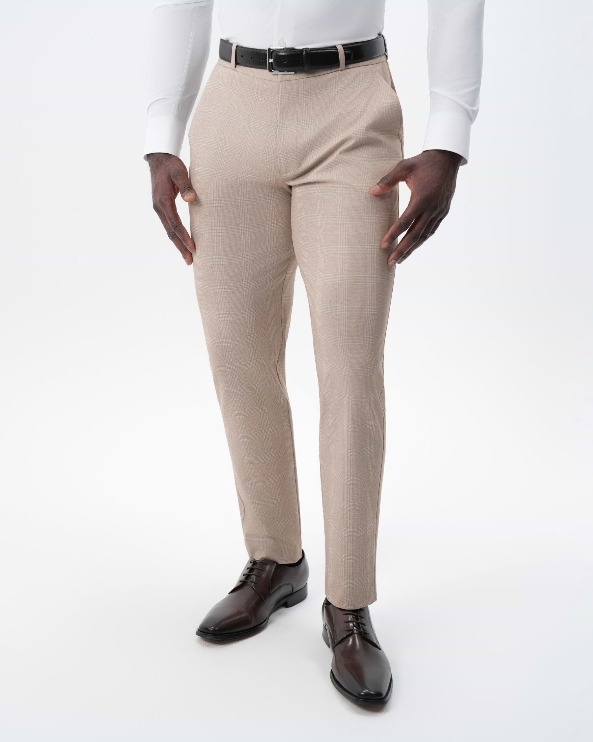 Athletic Fit Stretch Suit Pants - Cream Plaid