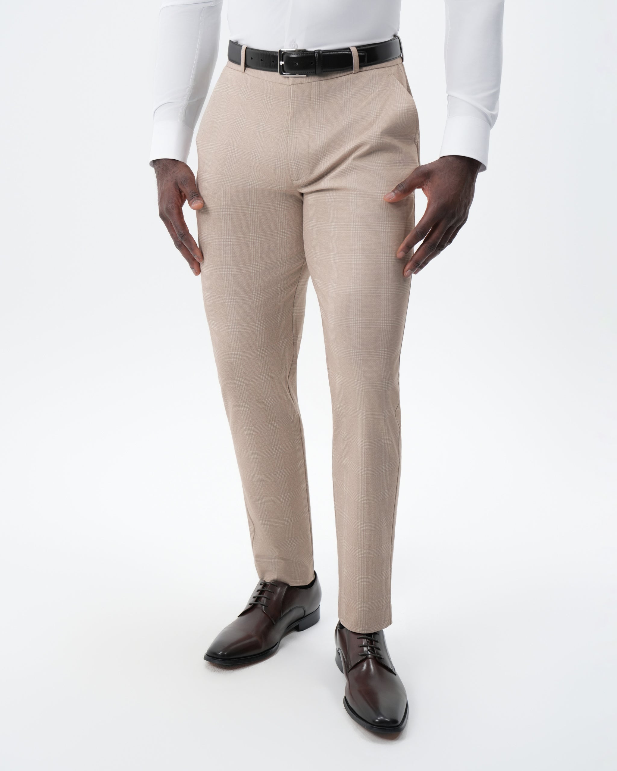 Athletic Fit Stretch Suit Pants - Cream Plaid