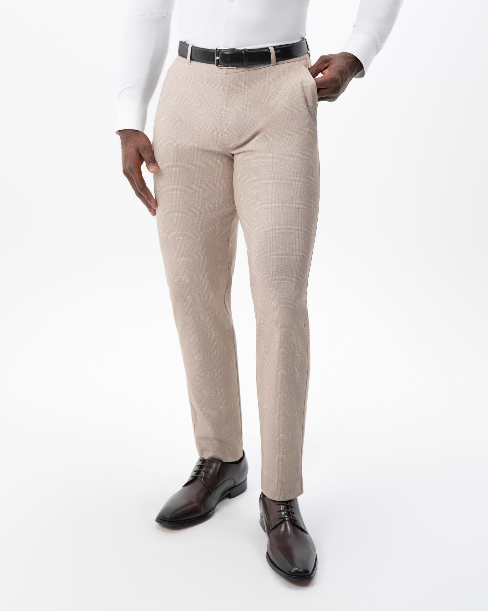 Athletic Fit Stretch Suit Pants - Cream Plaid