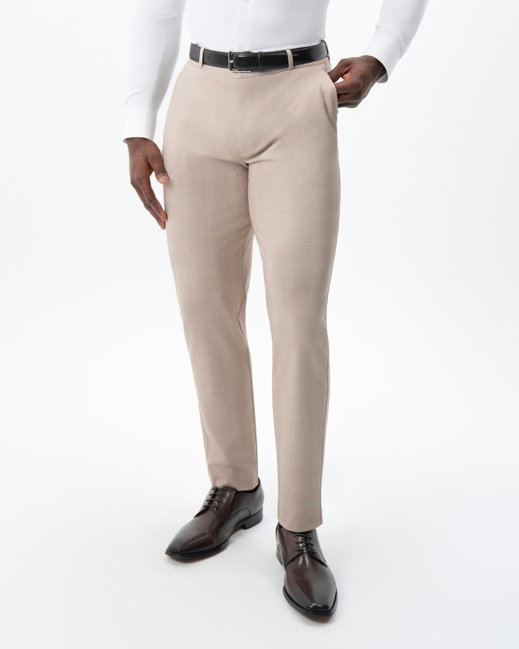 Athletic Fit Stretch Suit Pants - Cream Plaid