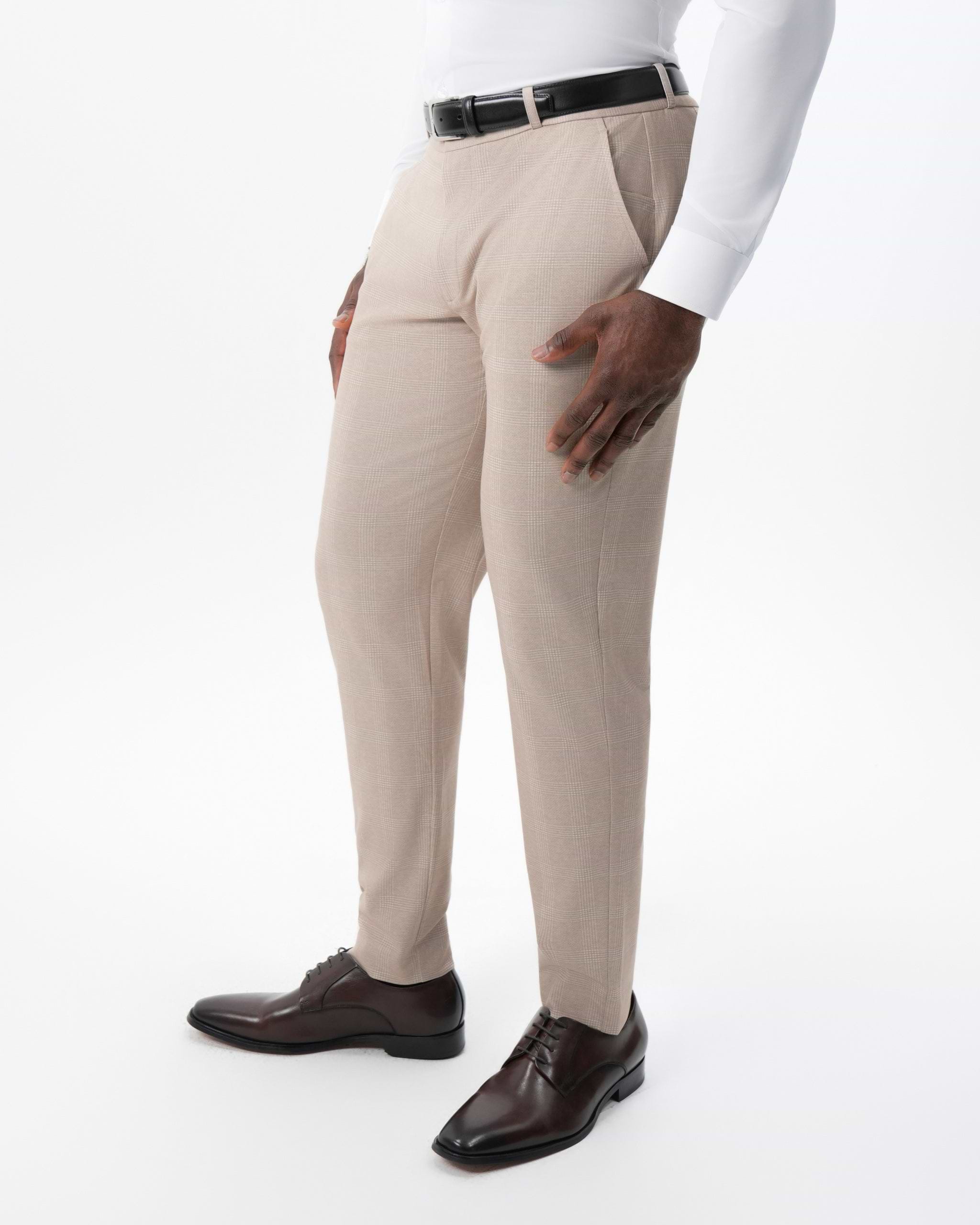 Athletic Fit Stretch Suit Pants - Cream Plaid