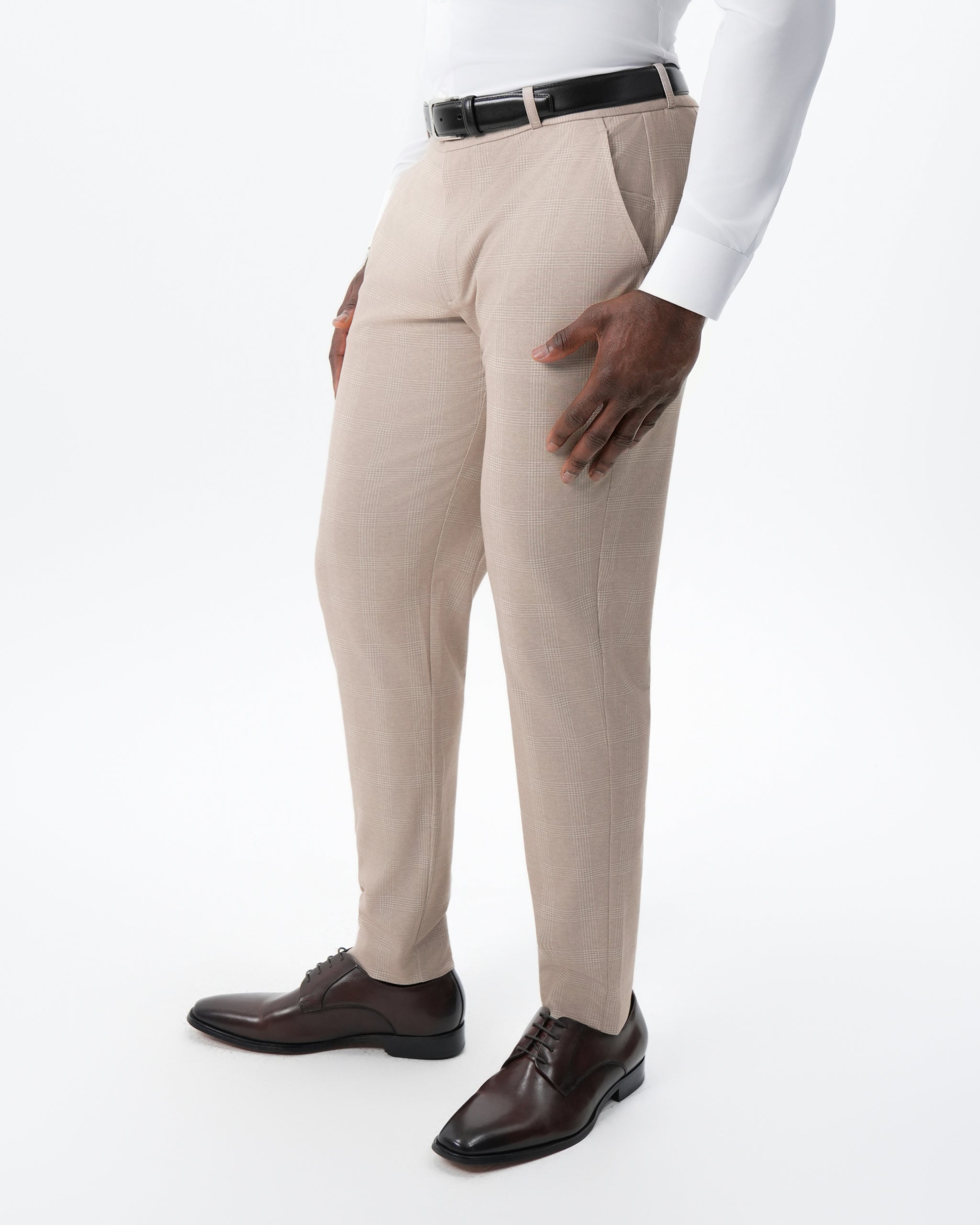 Athletic Fit Stretch Suit Pants - Cream Plaid