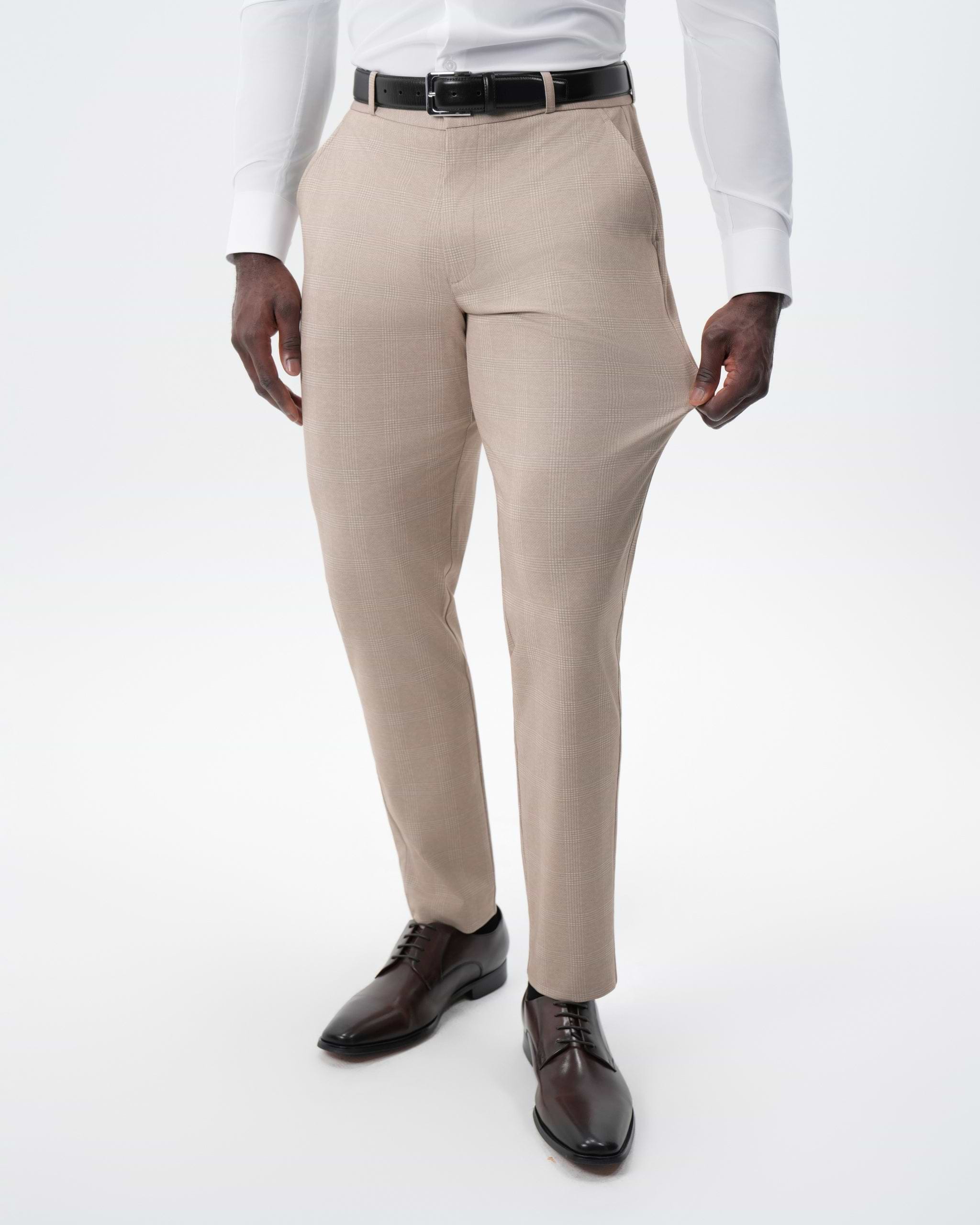 Athletic Fit Stretch Suit Pants - Cream Plaid