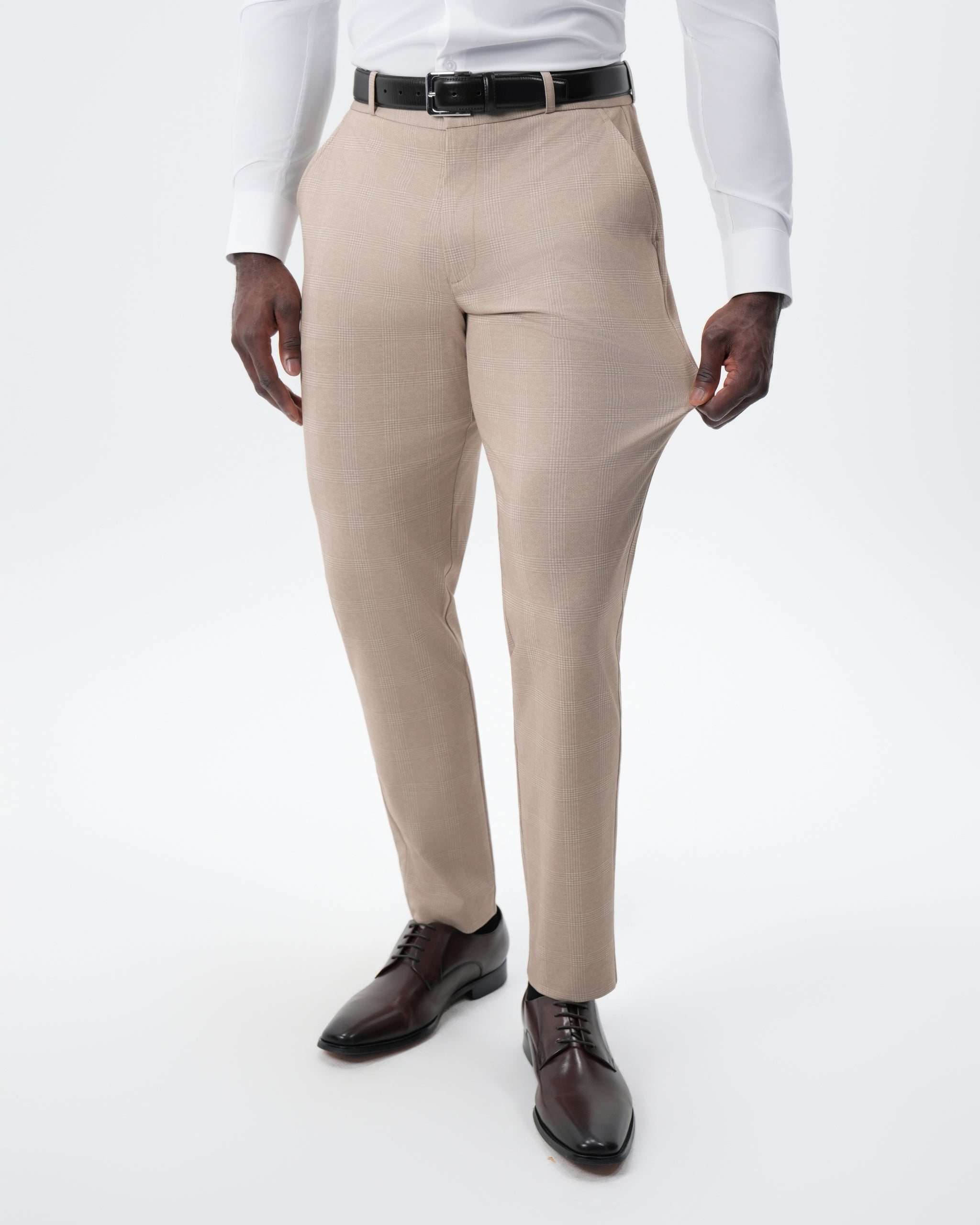 Athletic Fit Stretch Suit Pants - Cream Plaid