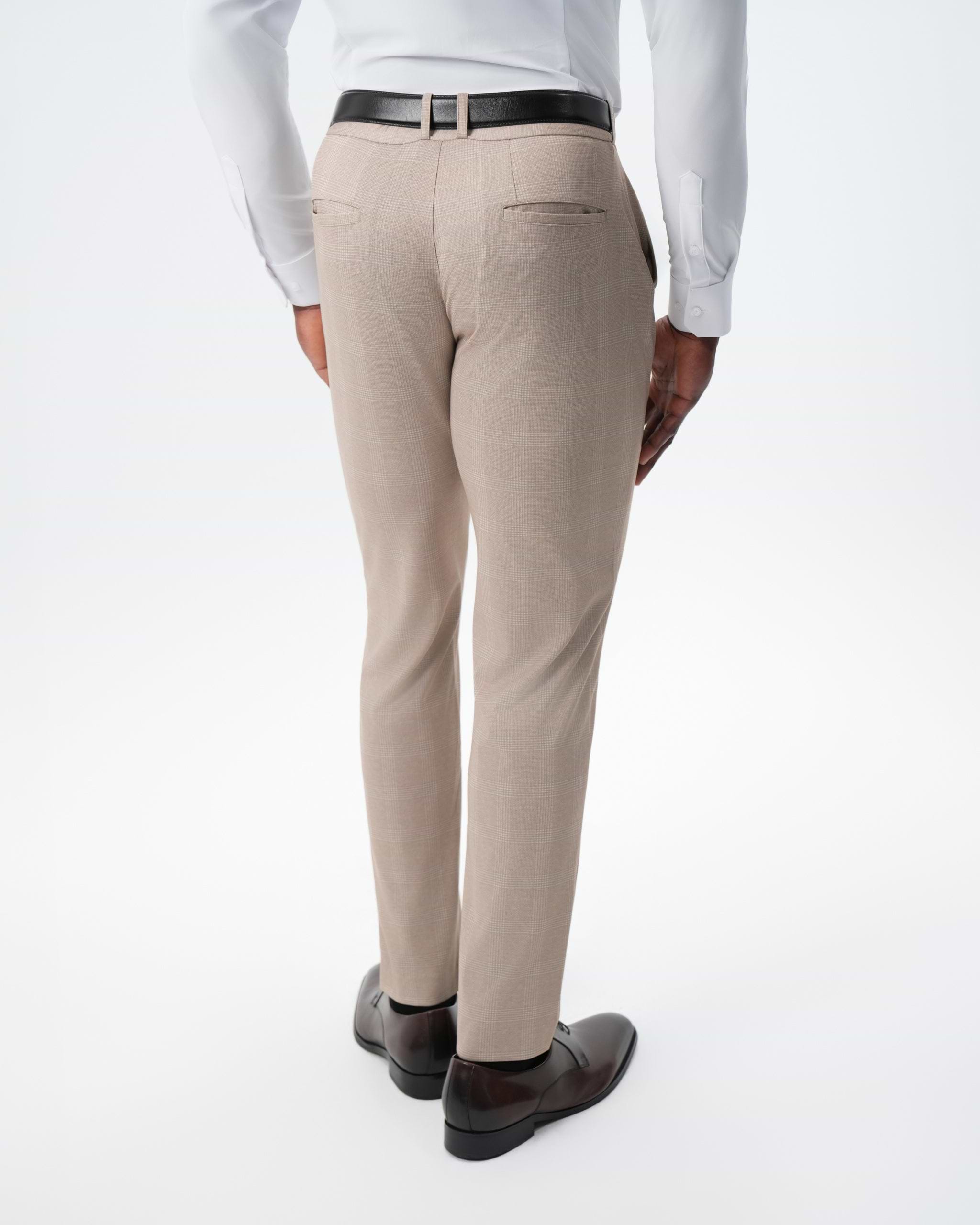Athletic Fit Stretch Suit Pants - Cream Plaid