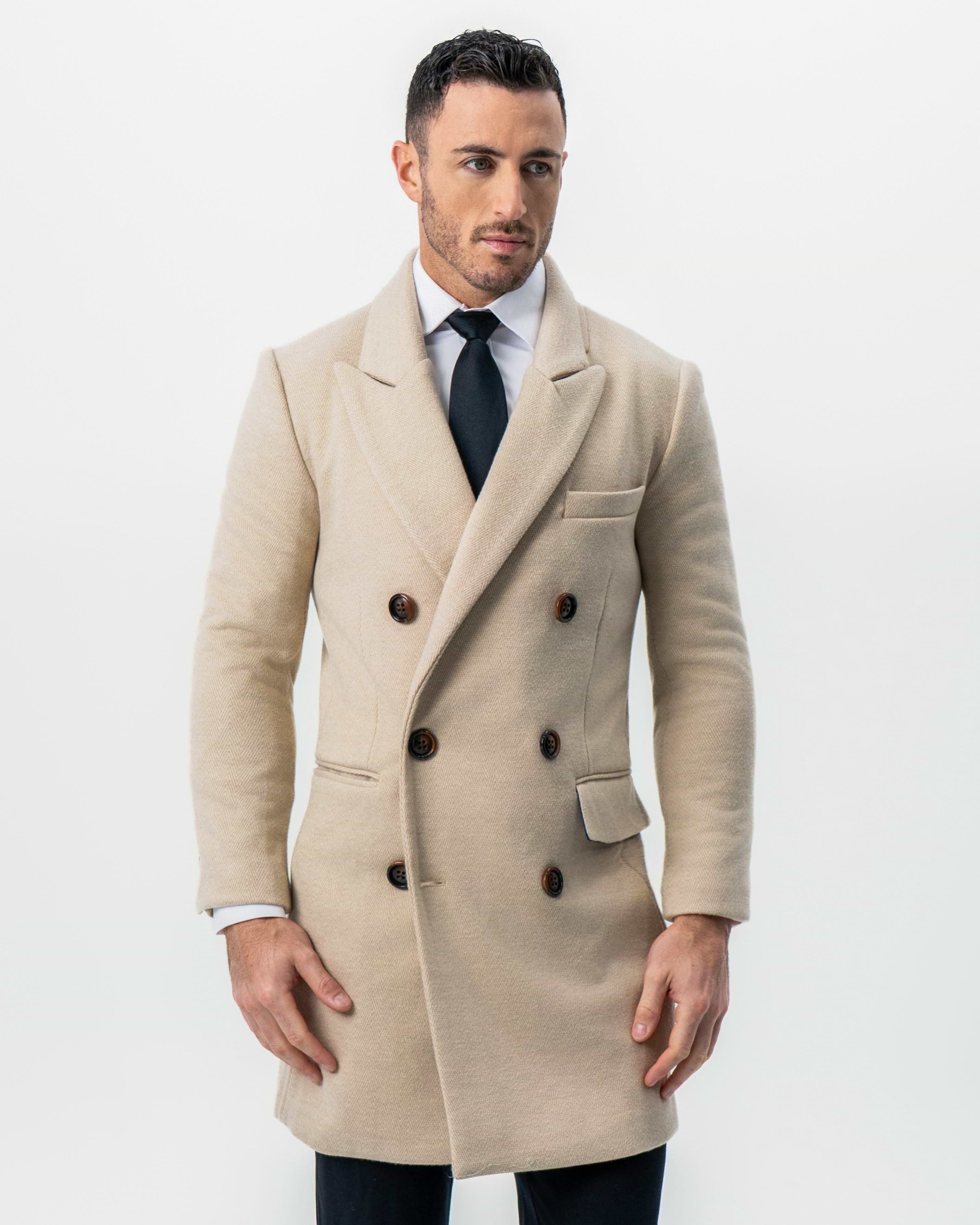 Double Breasted Overcoat - Tan Herringbone