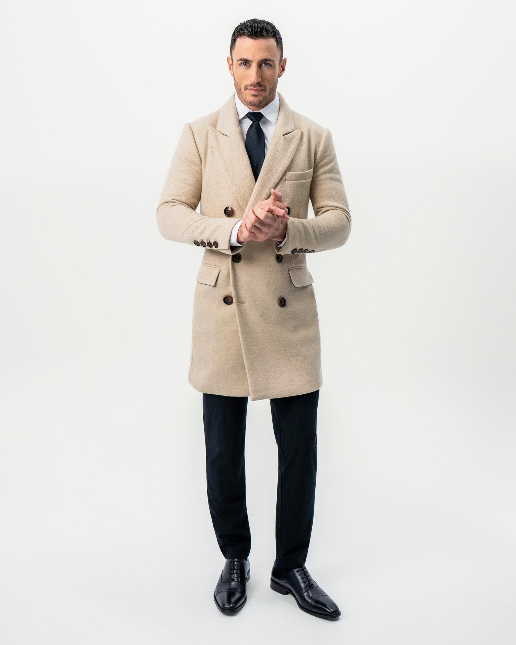 Double Breasted Overcoat - Tan Herringbone
