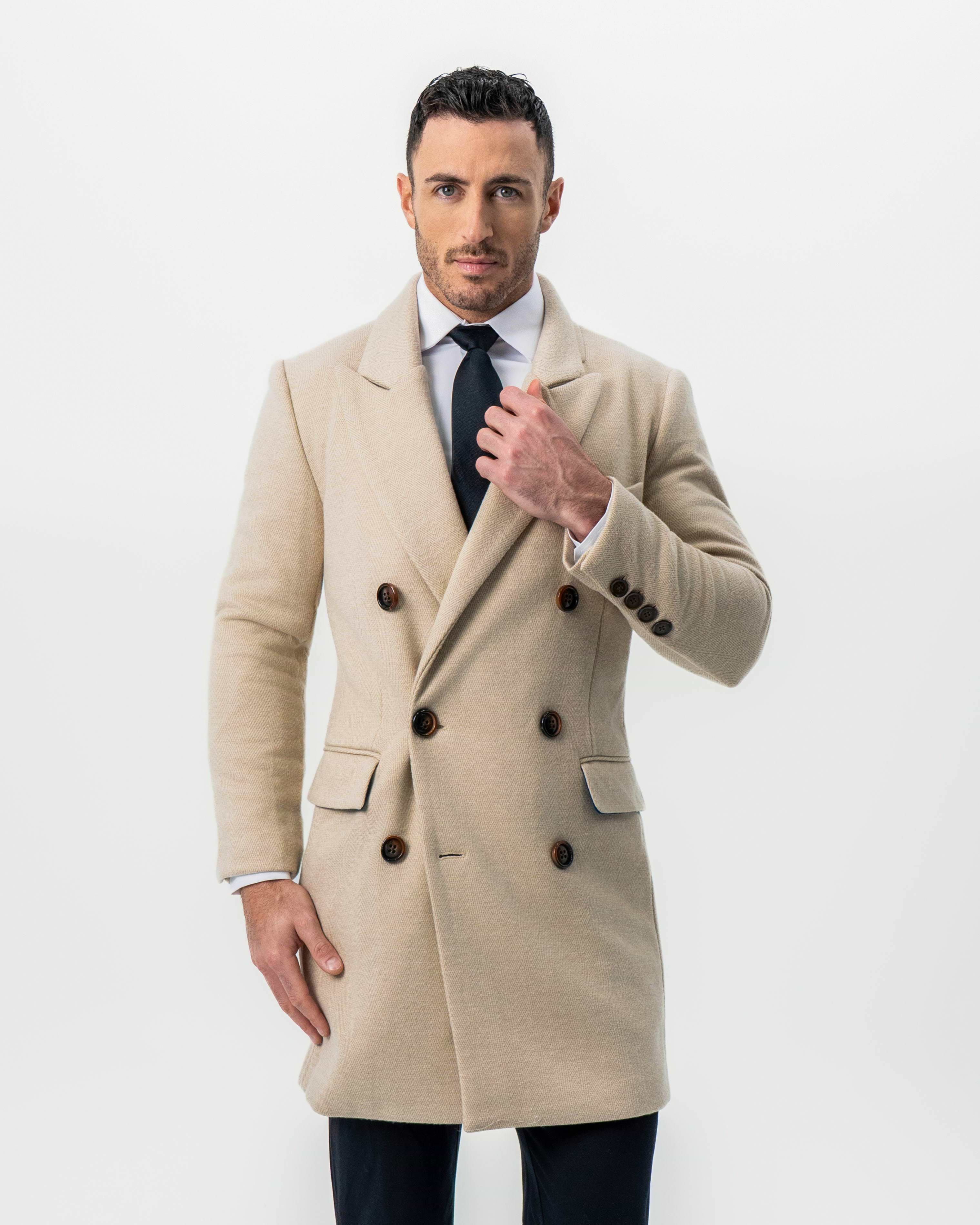 Double Breasted Overcoat - Tan Herringbone