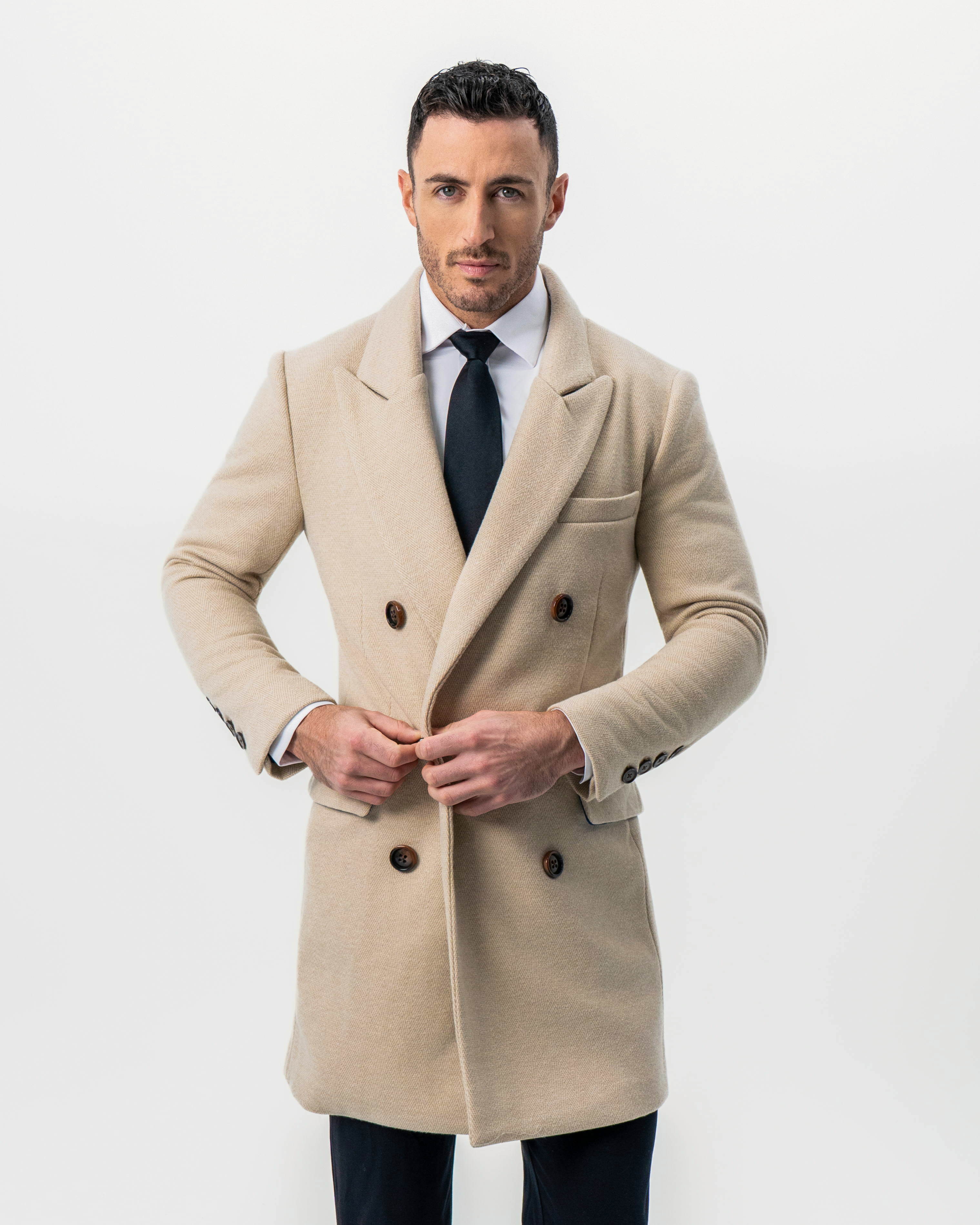 Double Breasted Overcoat - Tan Herringbone