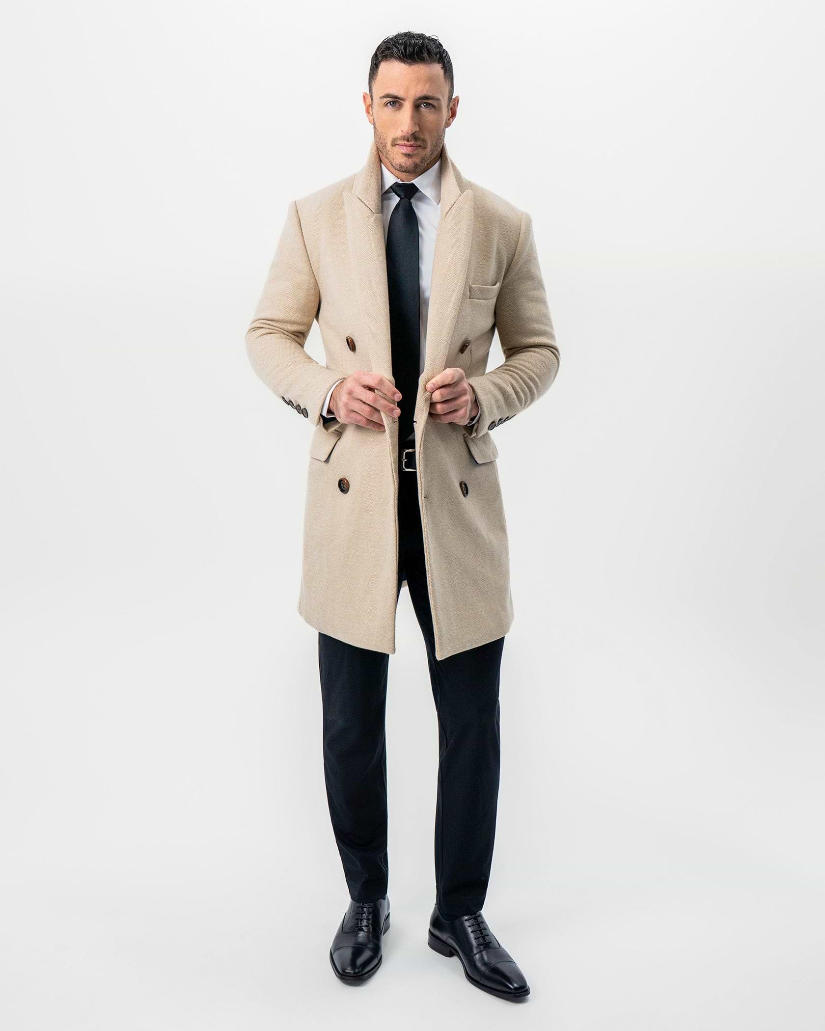 Double Breasted Overcoat - Tan Herringbone