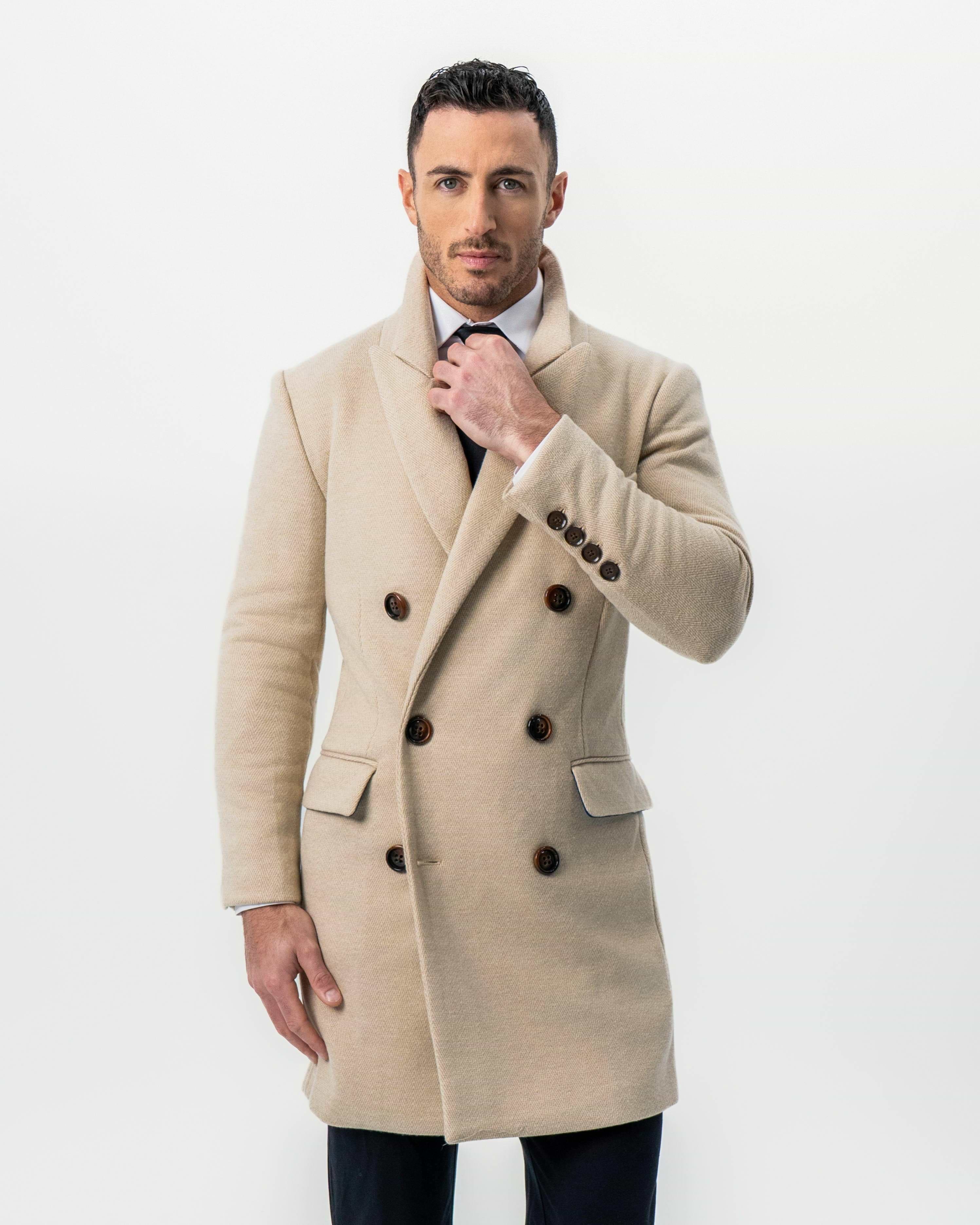 Double Breasted Overcoat - Tan Herringbone