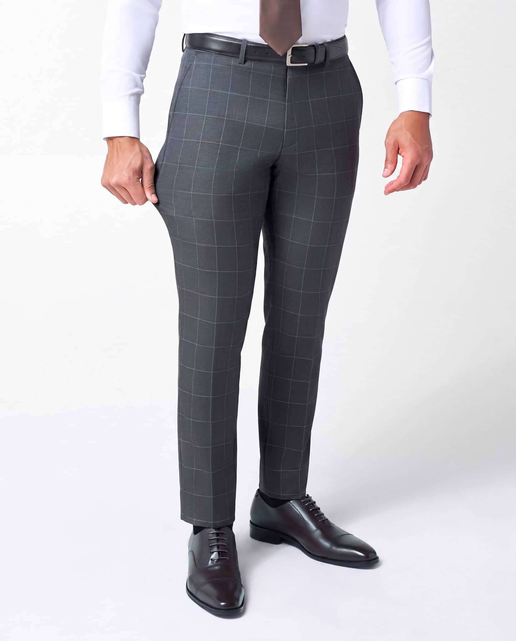 Athletic Fit Stretch Suit Pants - Grey and White Big Windowpane