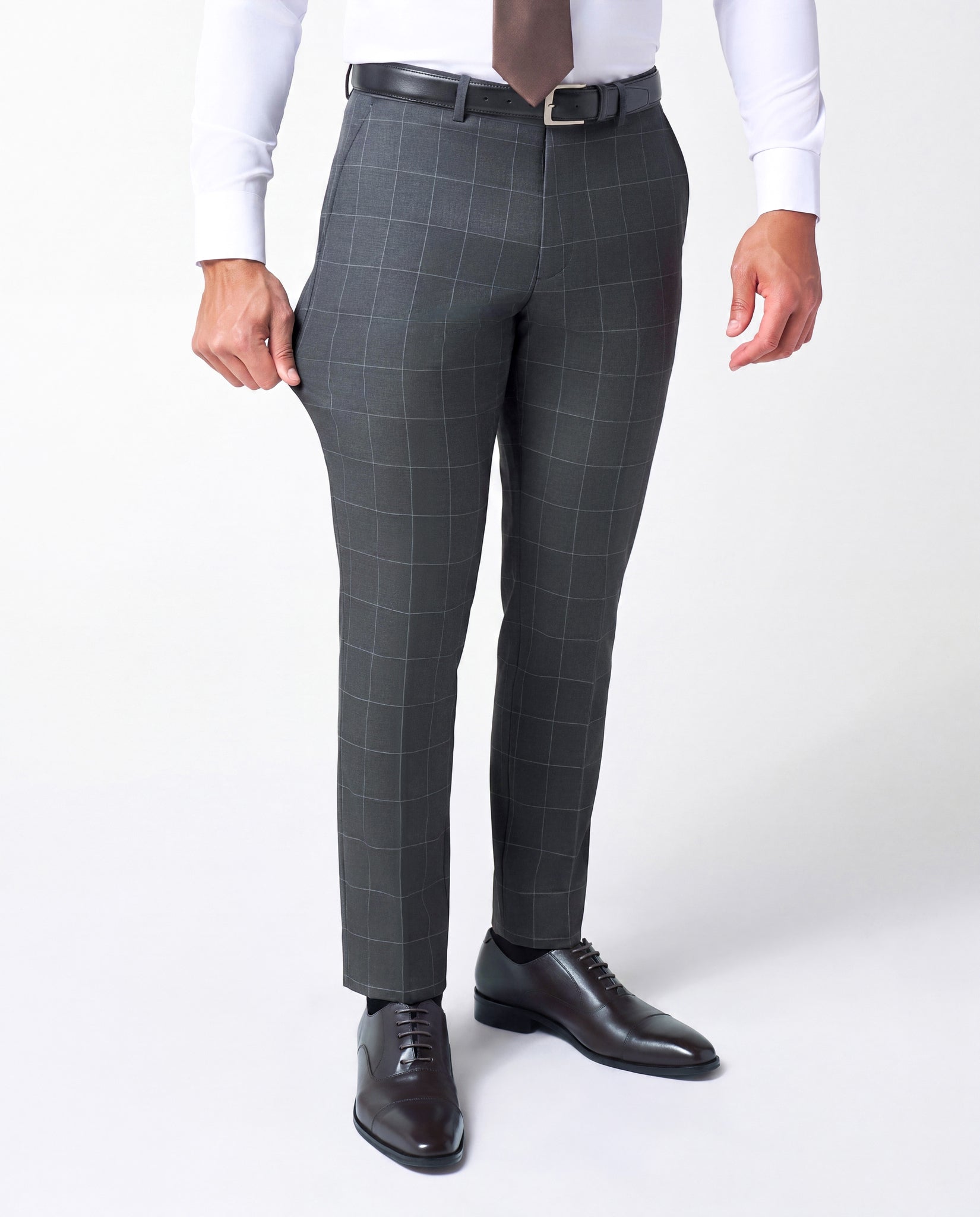 Athletic Fit Stretch Suit Pants - Grey and White Big Windowpane