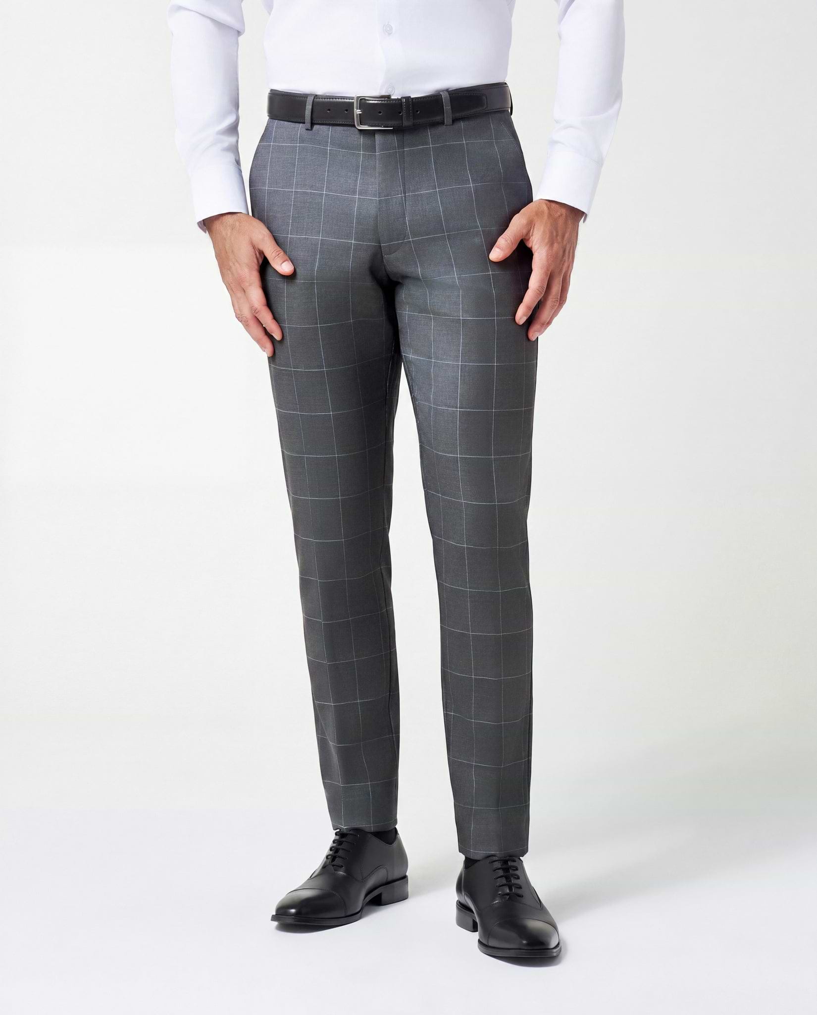 Athletic Fit Stretch Suit Pants - Grey and White Big Windowpane
