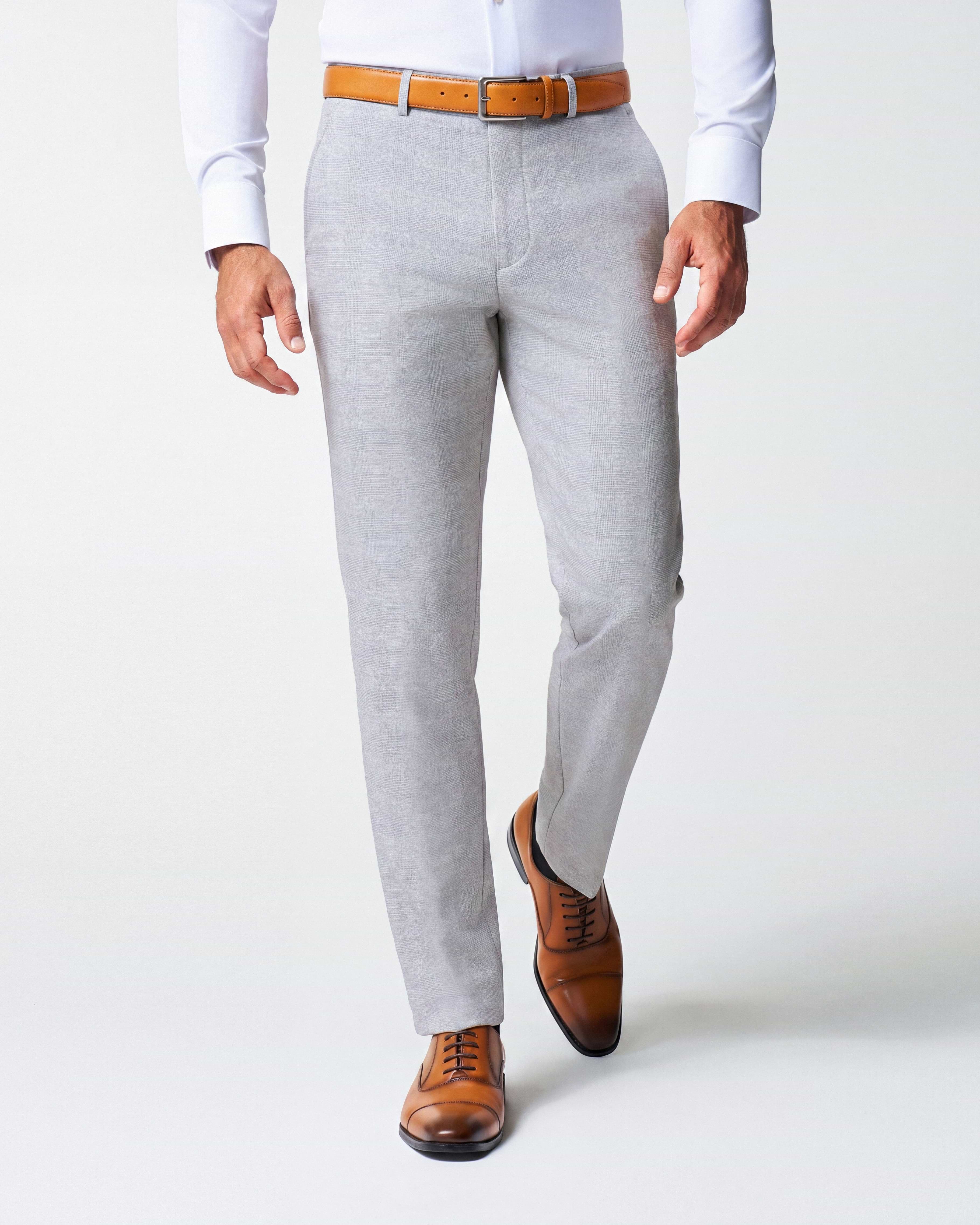 Athletic Fit Stretch Suit Pants - Light Grey Plaid