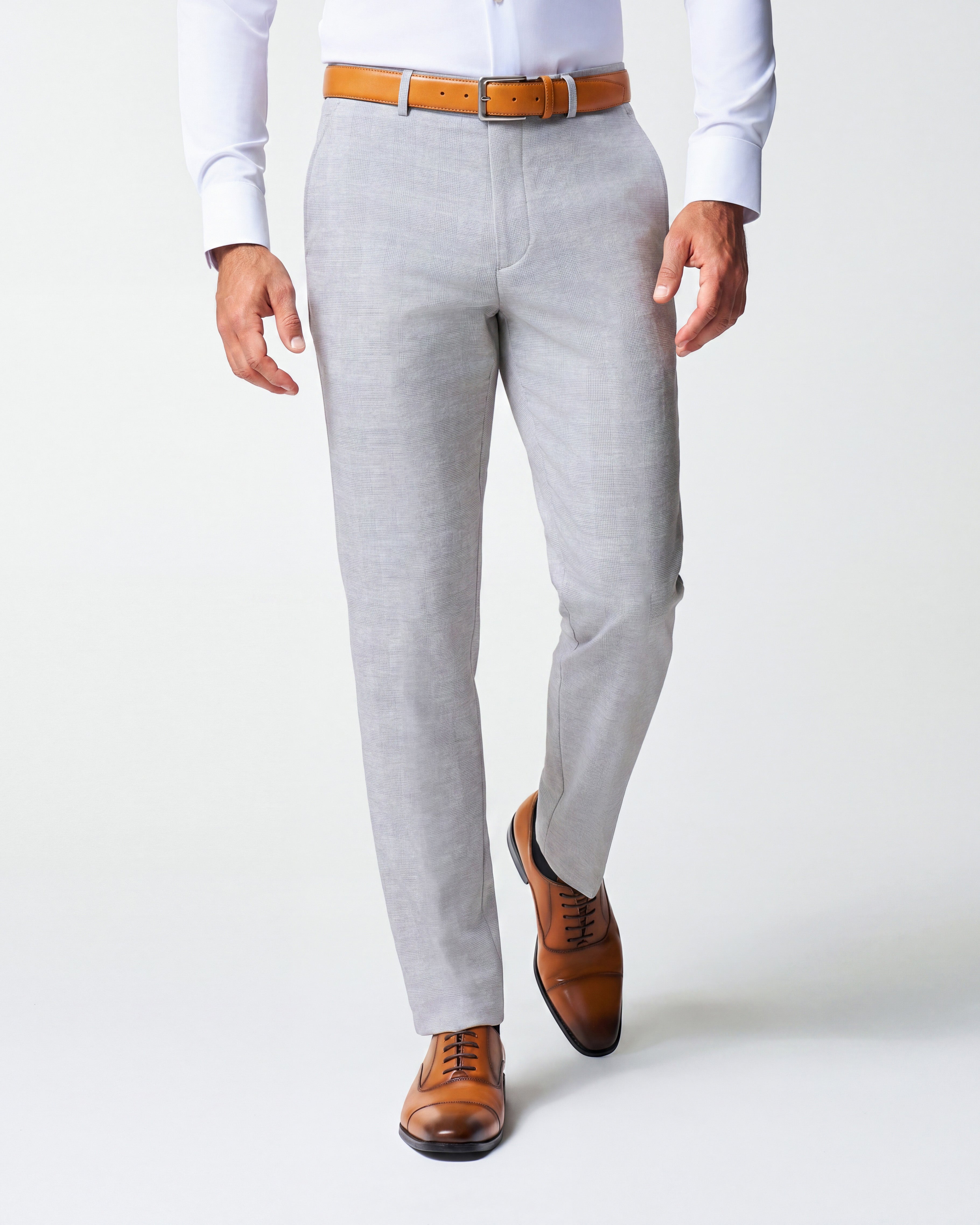 Athletic Fit Stretch Suit Pants - Light Grey Plaid