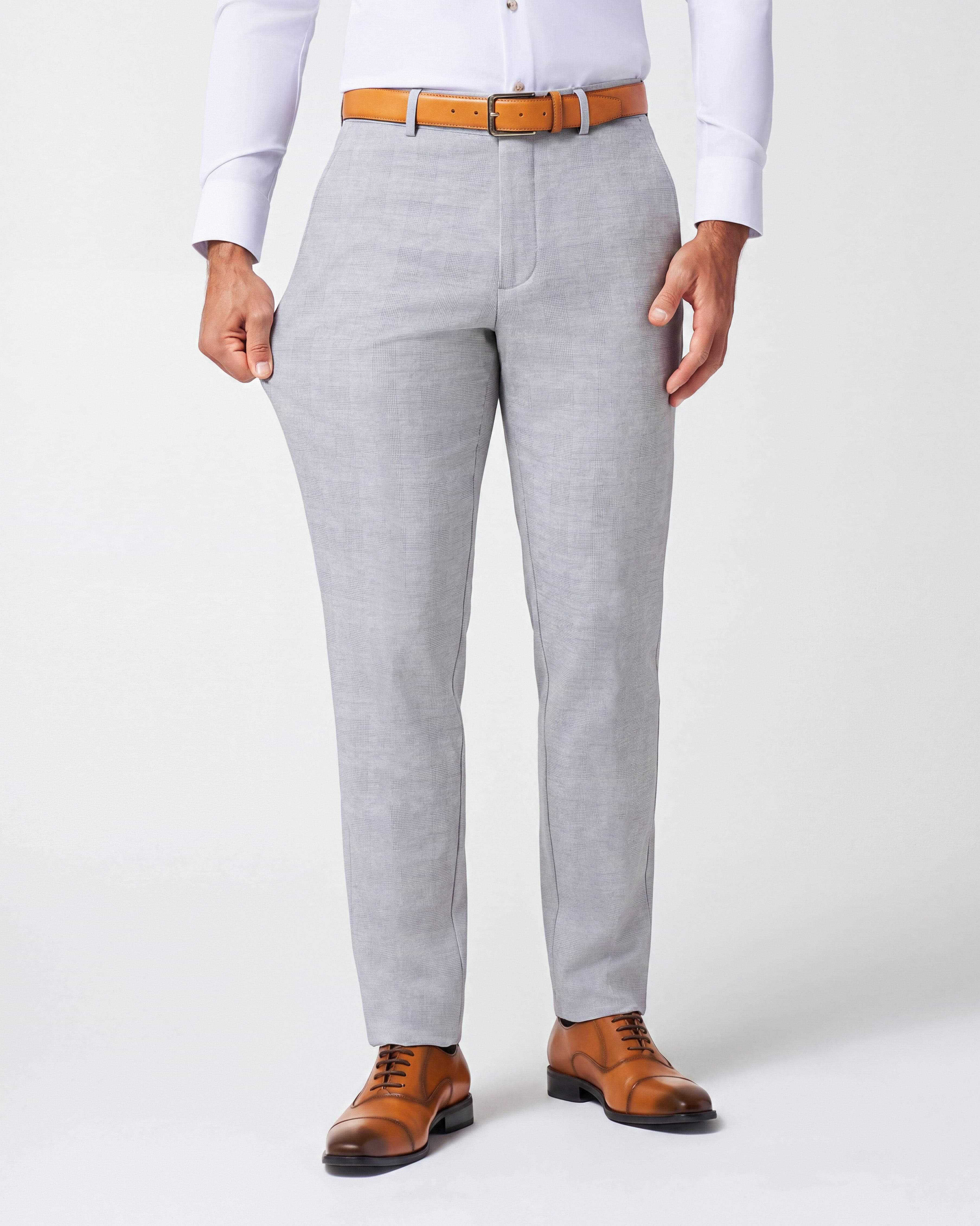 Athletic Fit Stretch Suit Pants - Light Grey Plaid