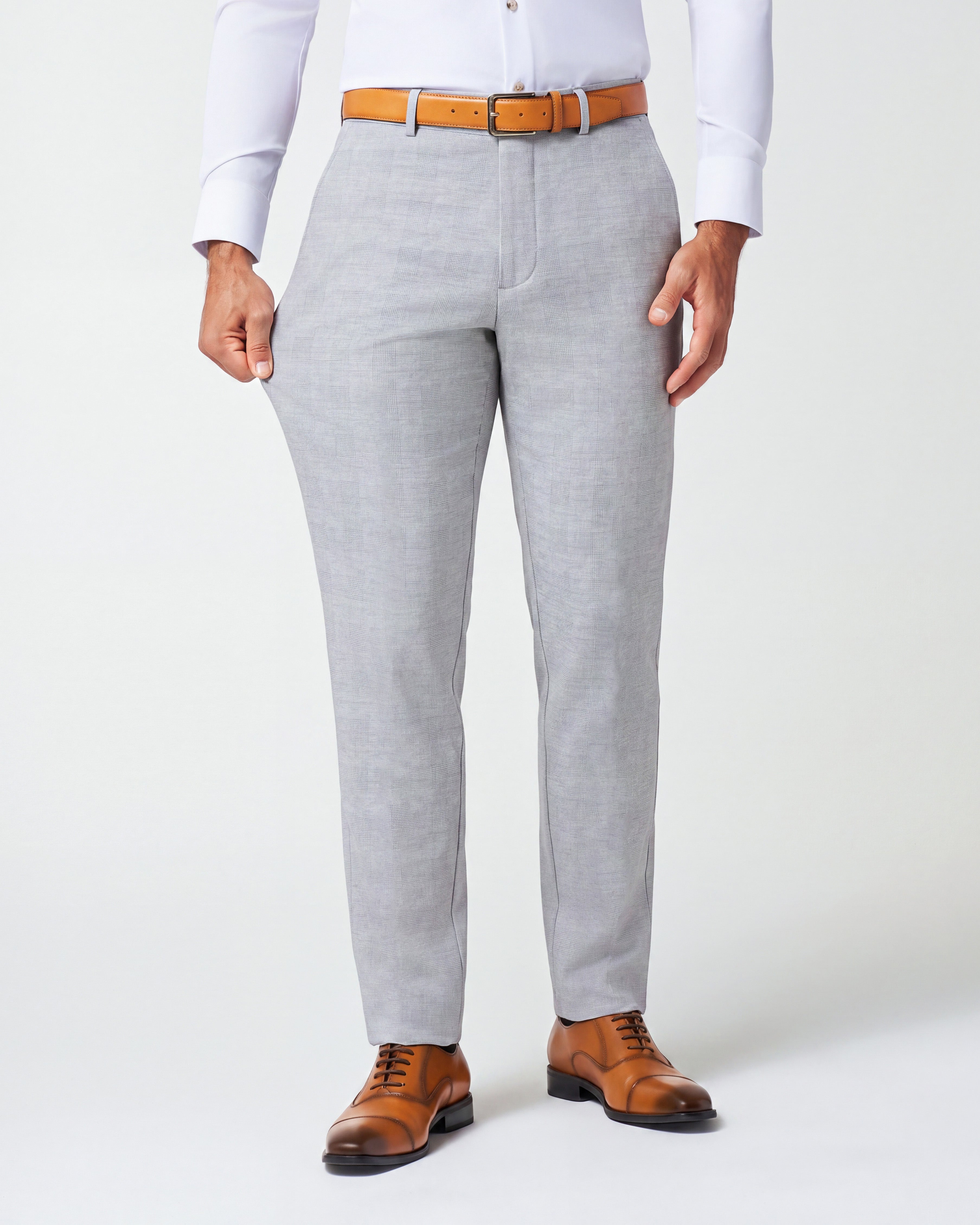 Athletic Fit Stretch Suit Pants - Light Grey Plaid