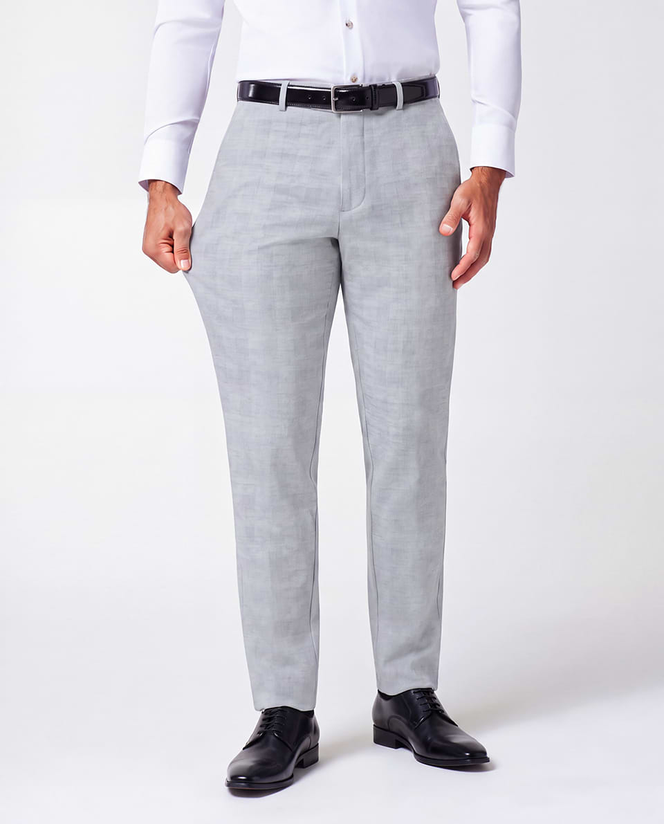 Athletic Fit Stretch Suit Pants - Light Grey Plaid