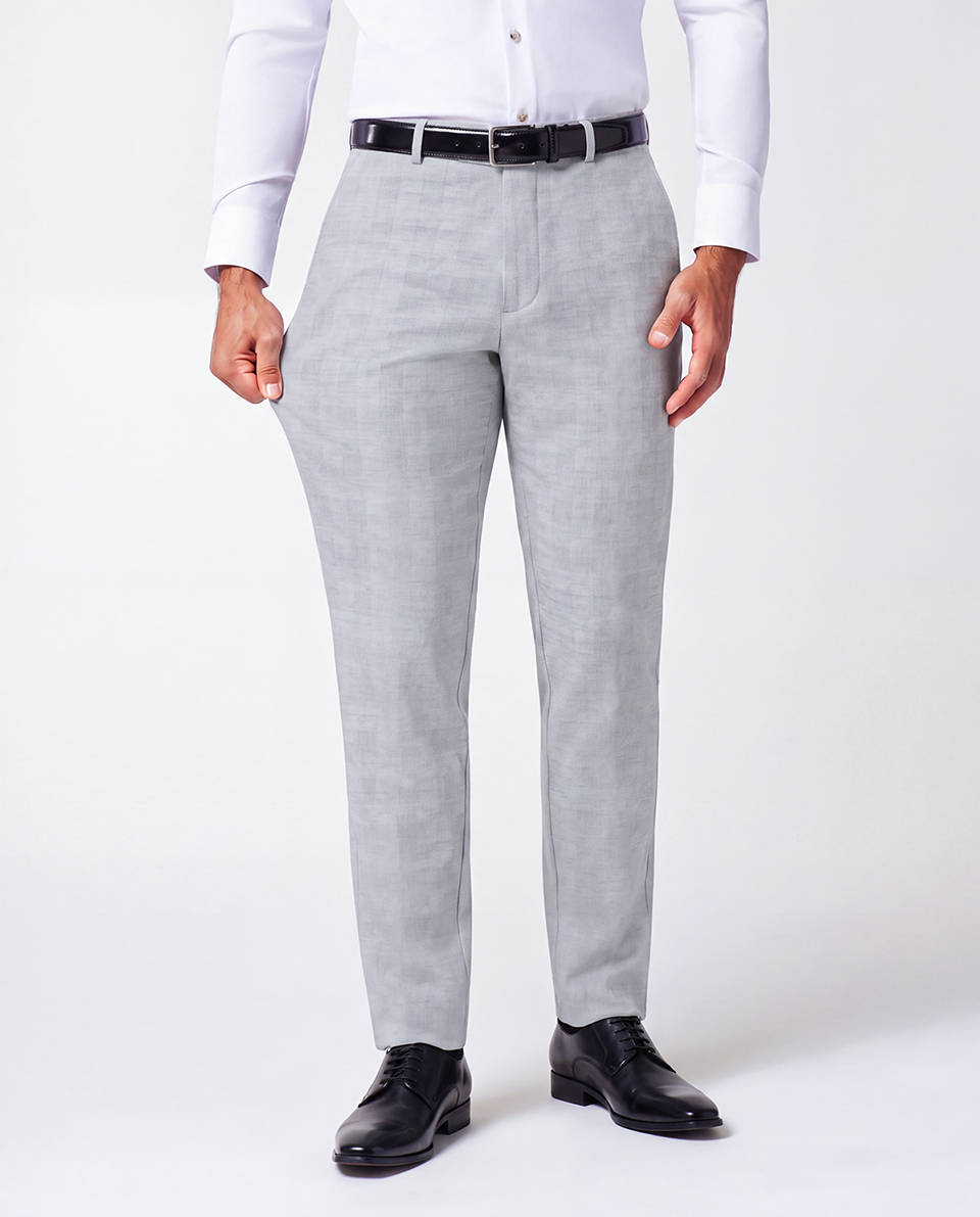 Athletic Fit Stretch Suit Pants - Light Grey Plaid