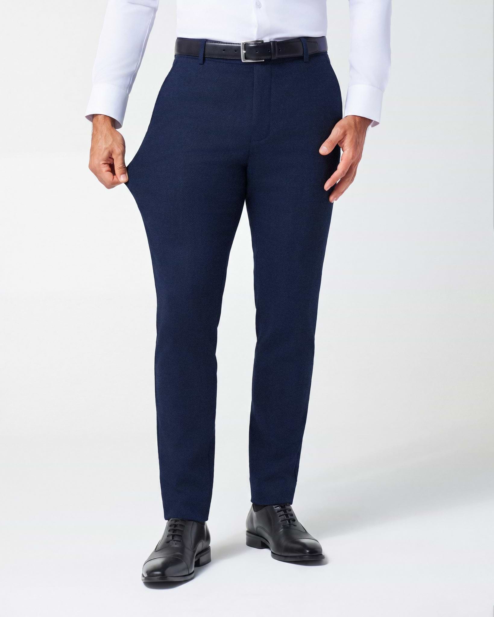 Athletic Fit Stretch Wool Suit Pants - Navy Herringbone