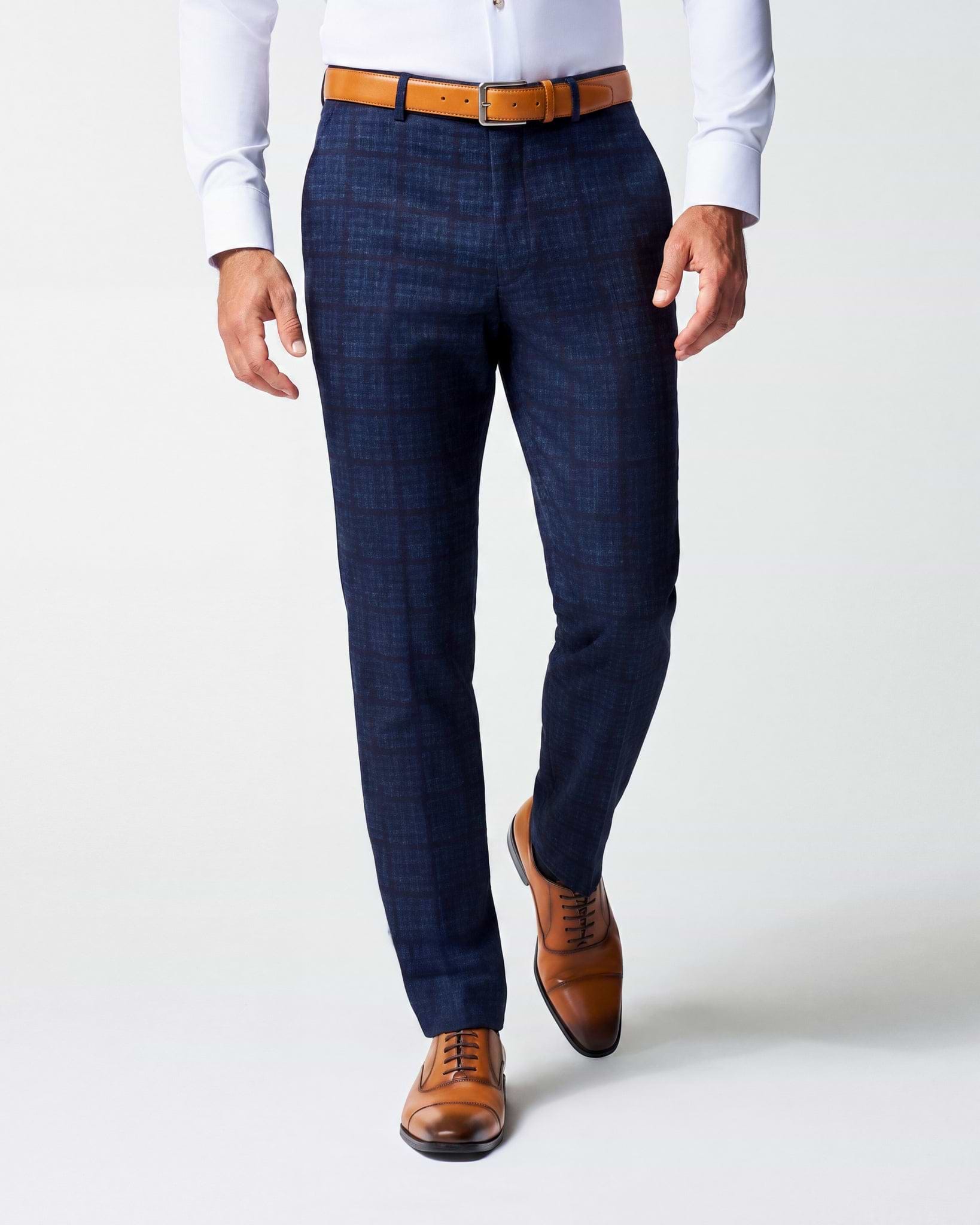 Athletic Fit Stretch Suit Pants - Navy & Maroon Windowpane
