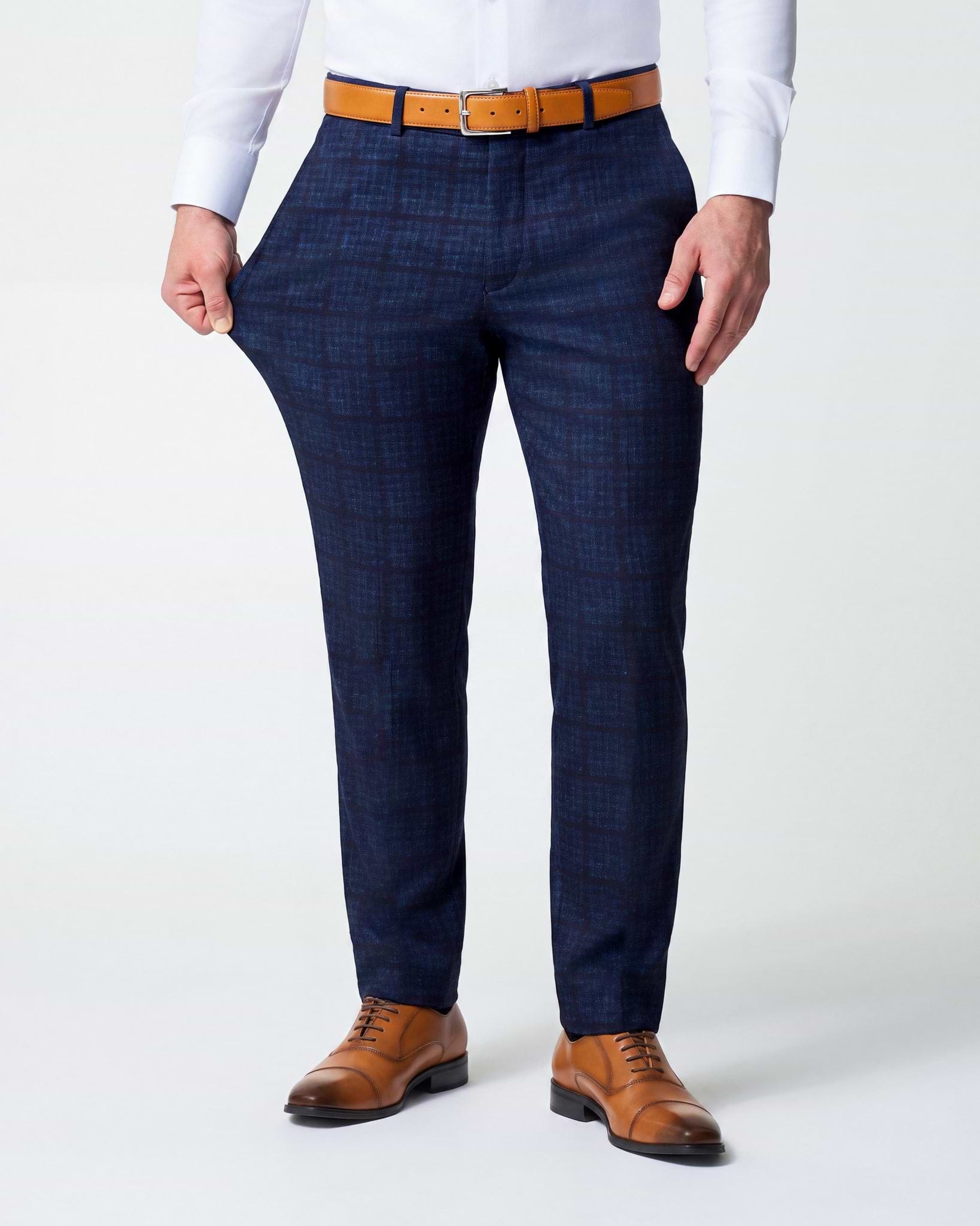 Athletic Fit Stretch Suit Pants - Navy & Maroon Windowpane
