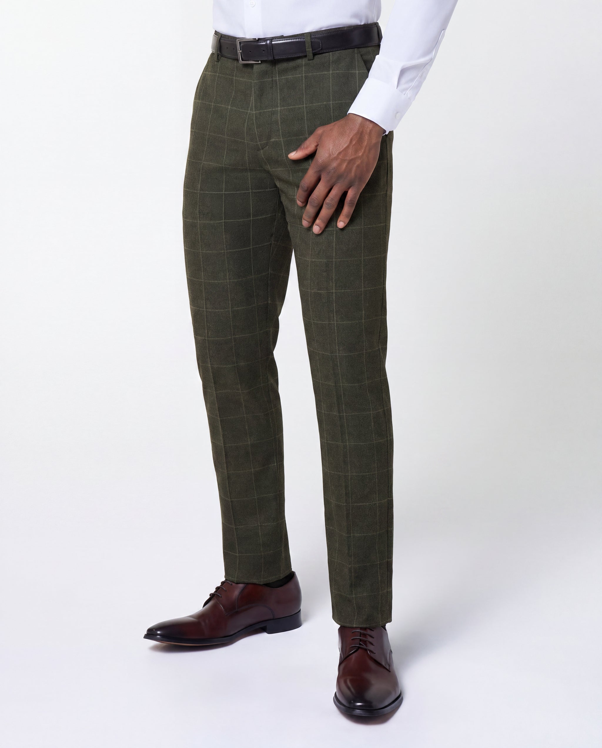 Athletic Fit Stretch Suit Pants - Olive with White Windowpane