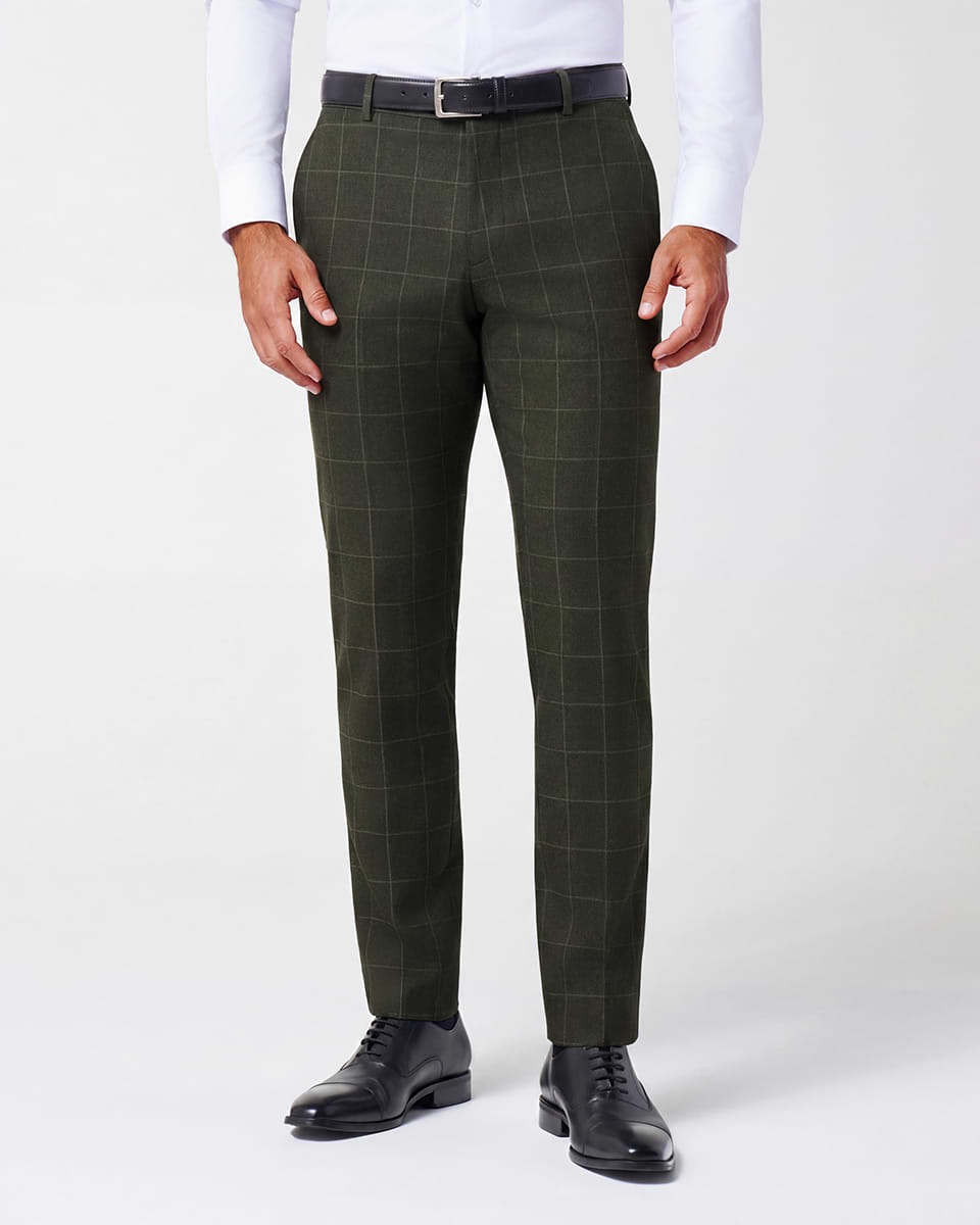 Athletic Fit Stretch Suit Pants - Olive with White Windowpane