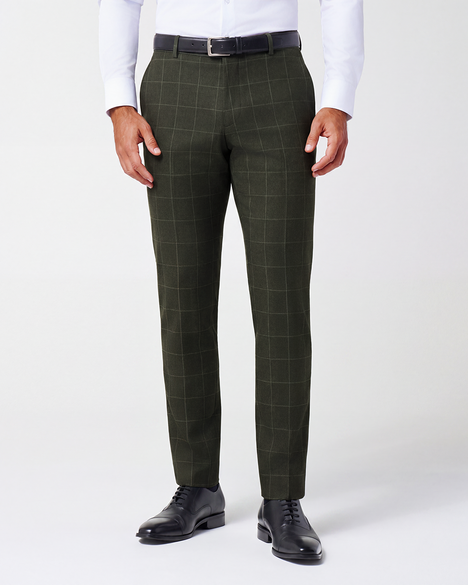 Athletic Fit Stretch Suit Pants - Olive with White Windowpane