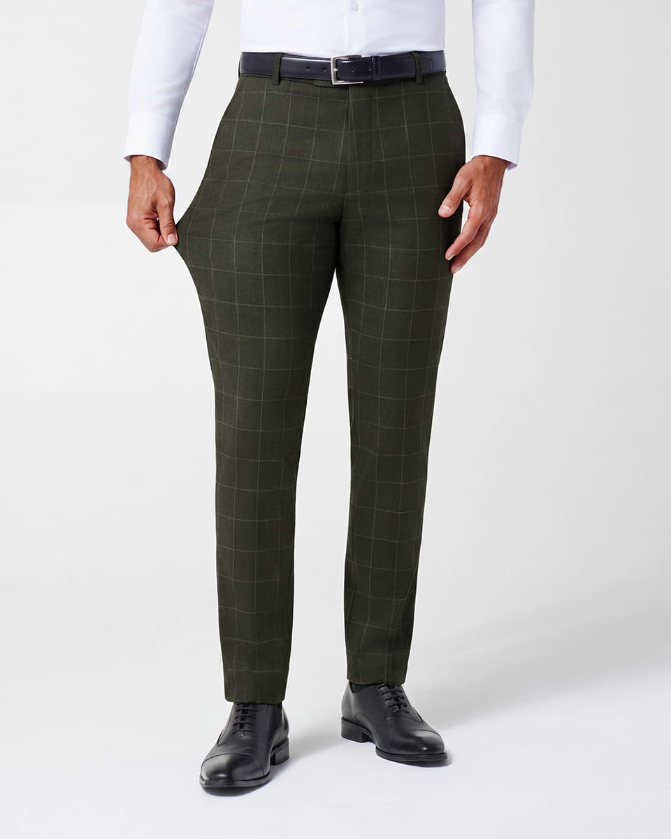Athletic Fit Stretch Suit Pants - Olive with White Windowpane