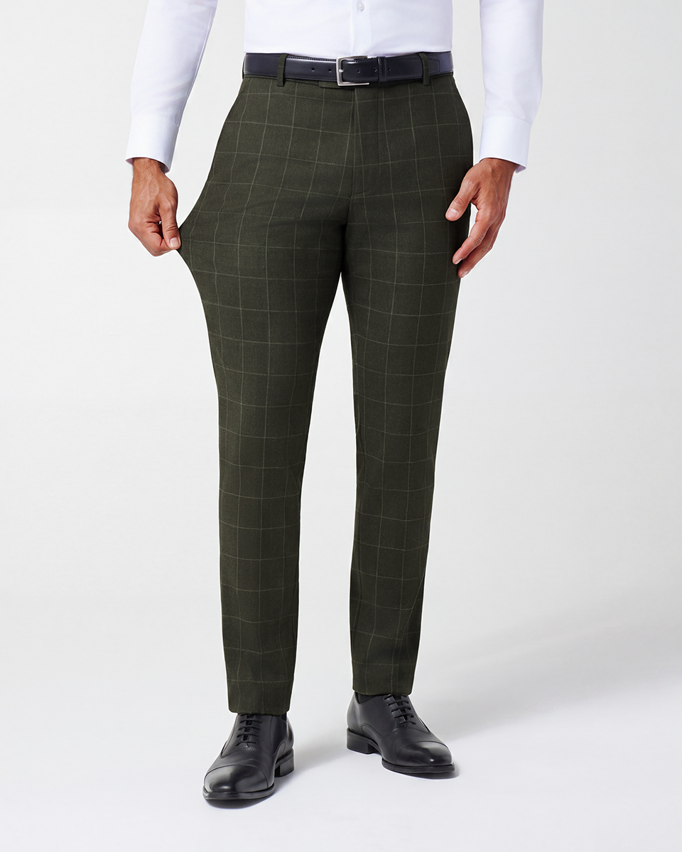 Athletic Fit Stretch Suit Pants - Olive with White Windowpane