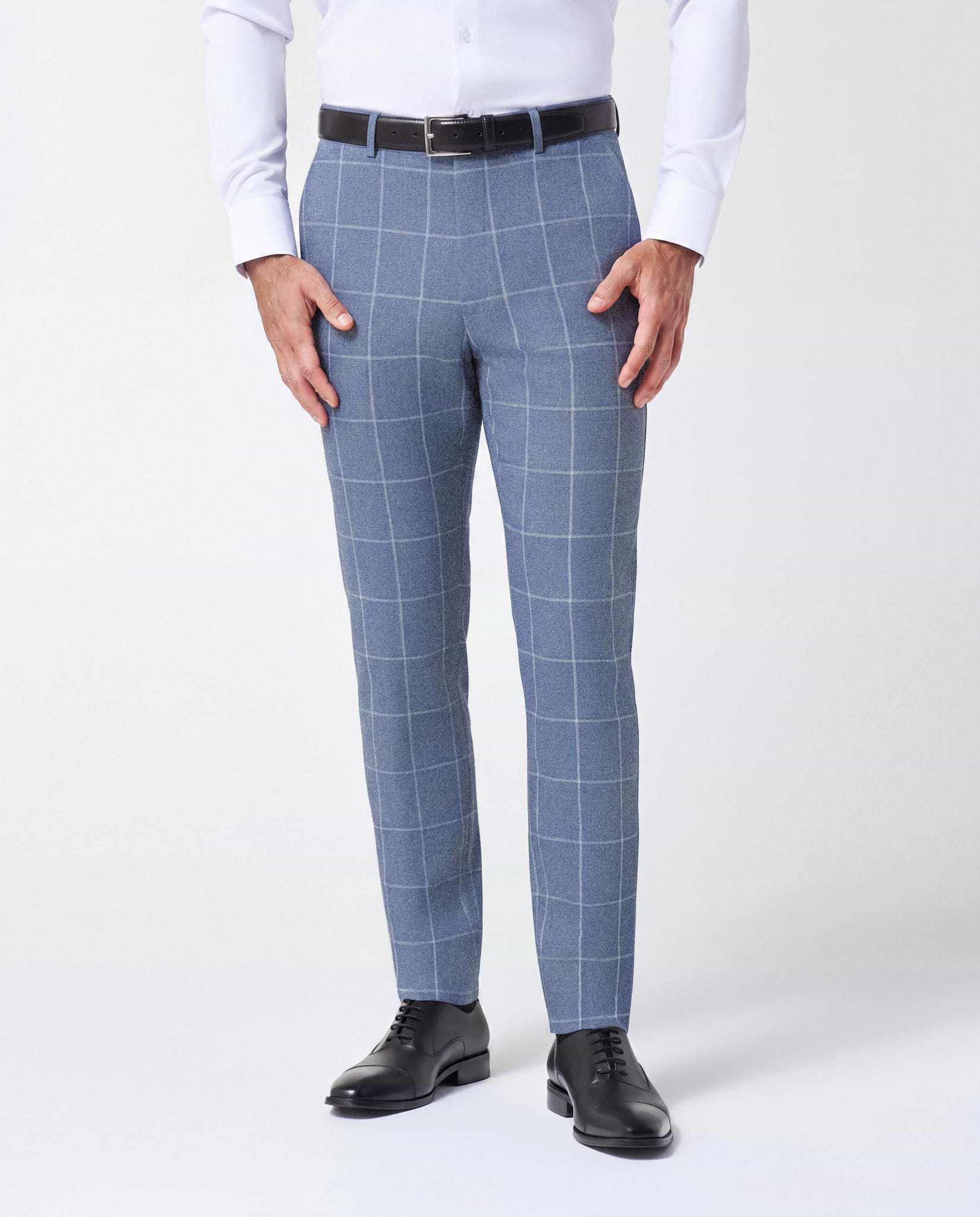 Athletic Fit Stretch Suit Pants - Textured Light Blue with White Windowpane