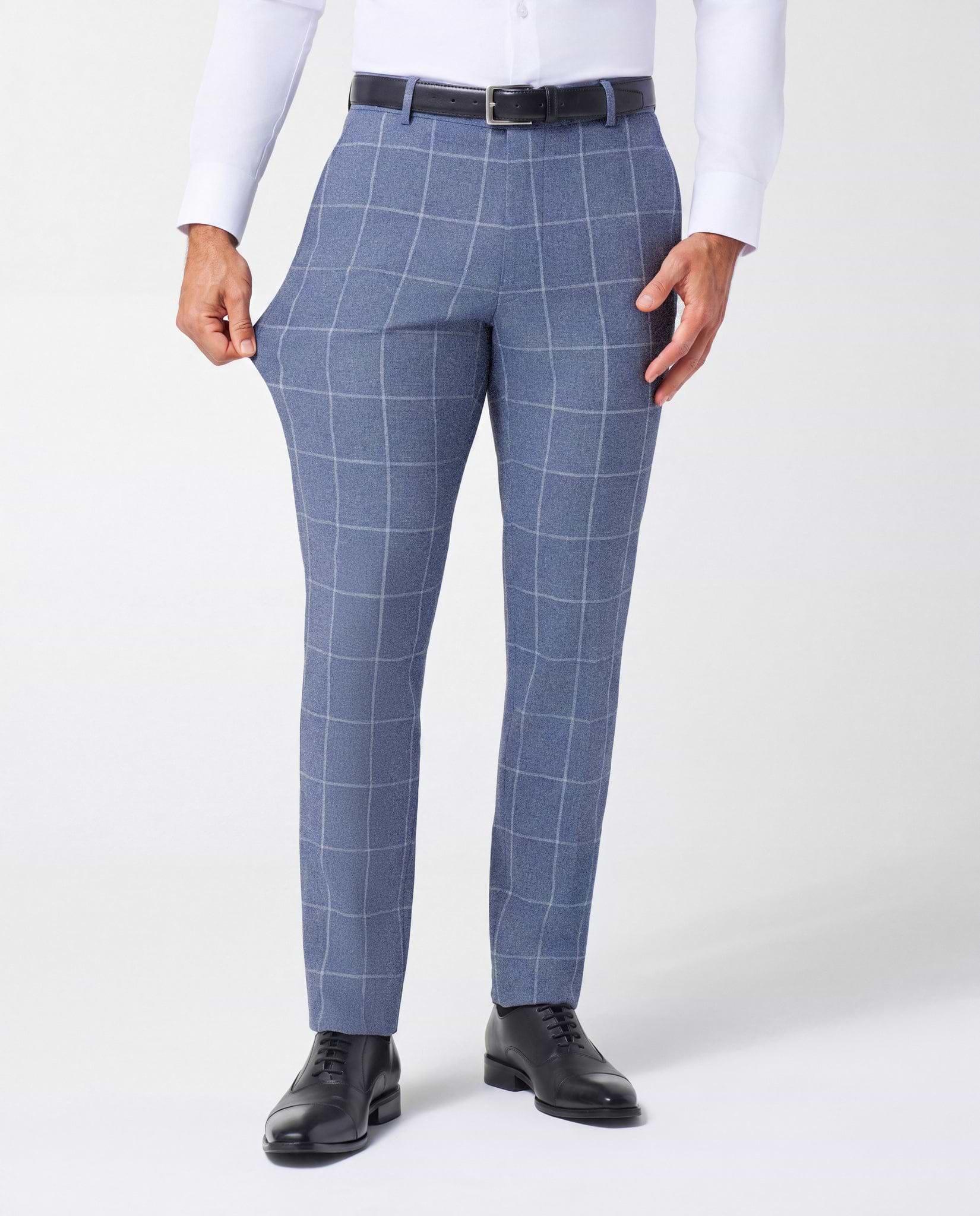 Athletic Fit Stretch Suit Pants - Textured Light Blue with White Windowpane