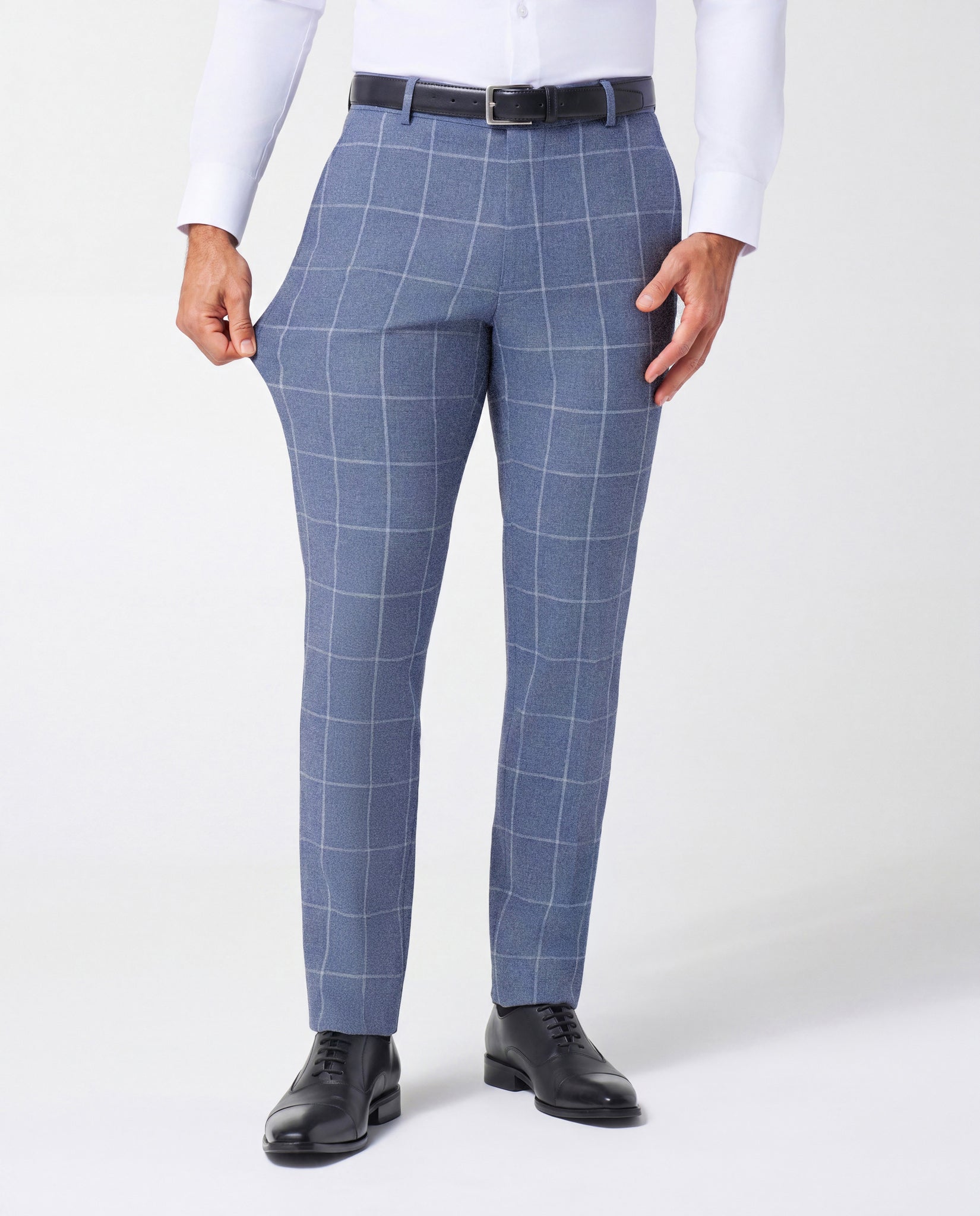 Athletic Fit Stretch Suit Pants - Textured Light Blue with White Windowpane