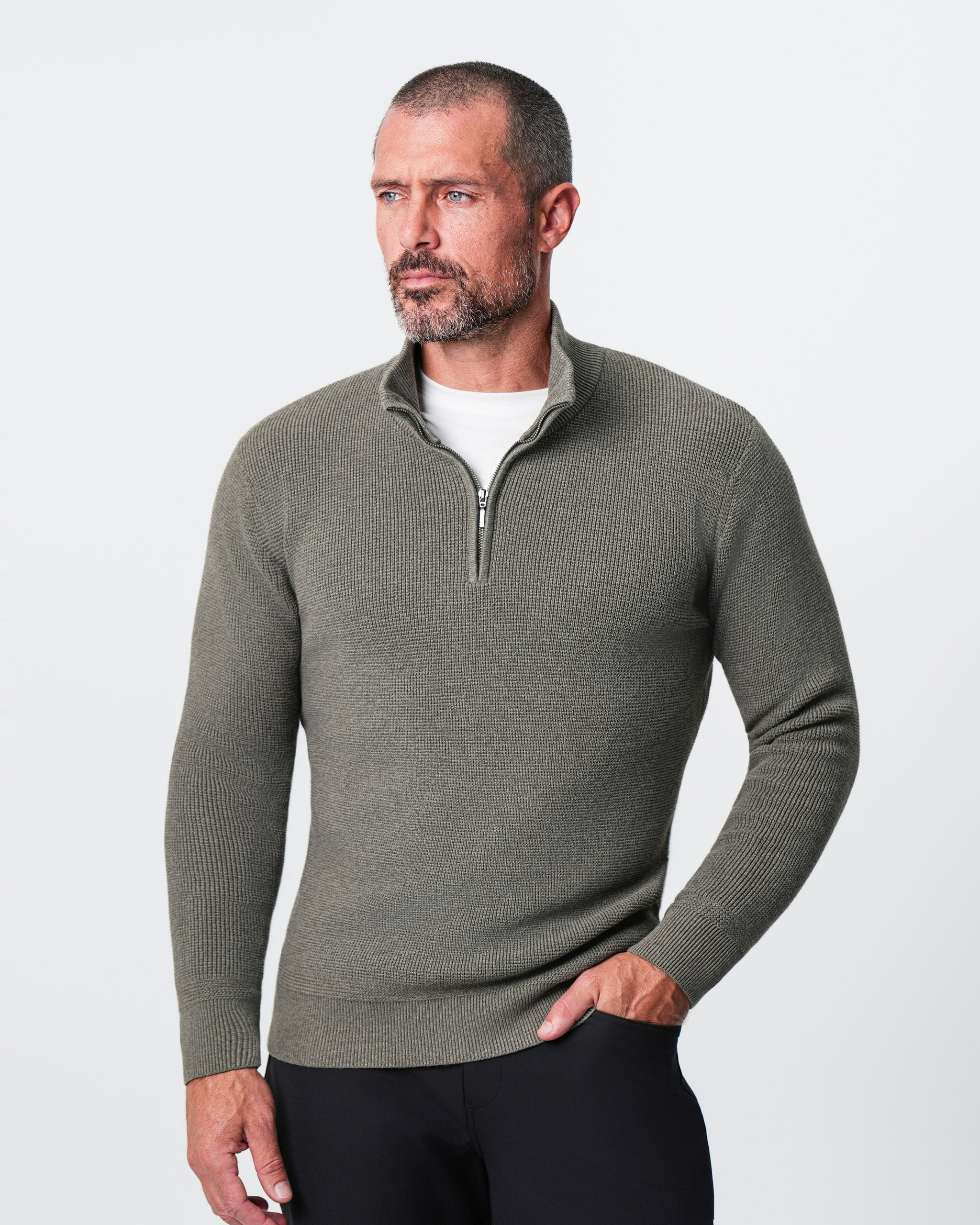 Heavy Knit Quarter Zip - Ash Olive