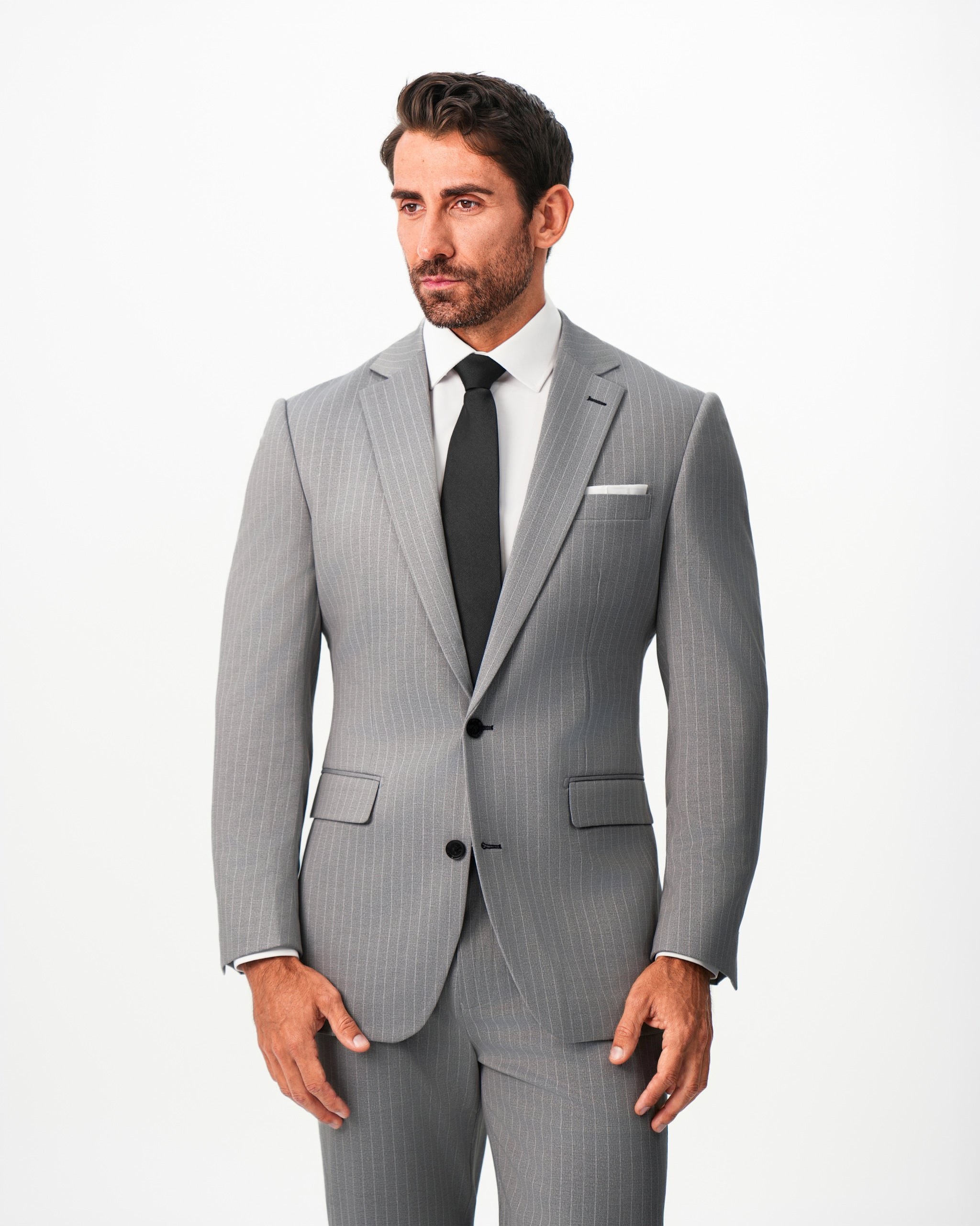 Athletic Fit Stretch Suit - Light Grey Chalk Stripe