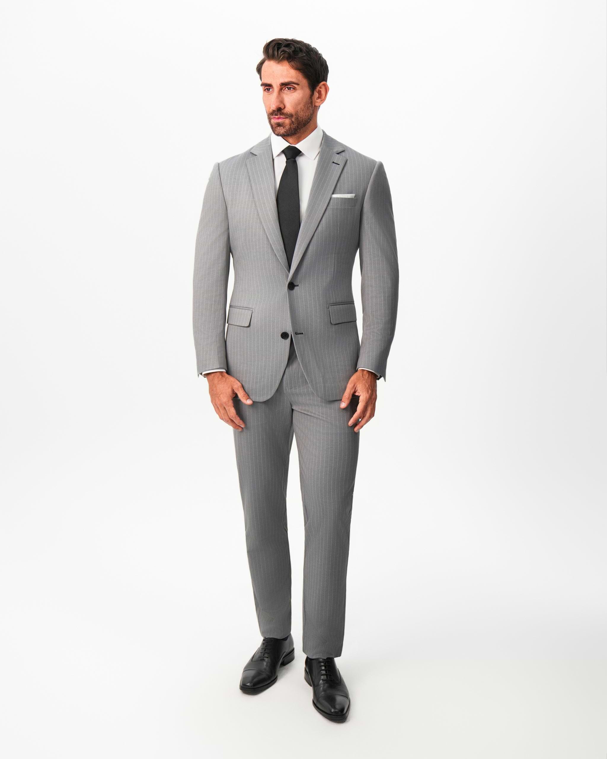 Athletic Fit Stretch Suit - Light Grey Chalk Stripe
