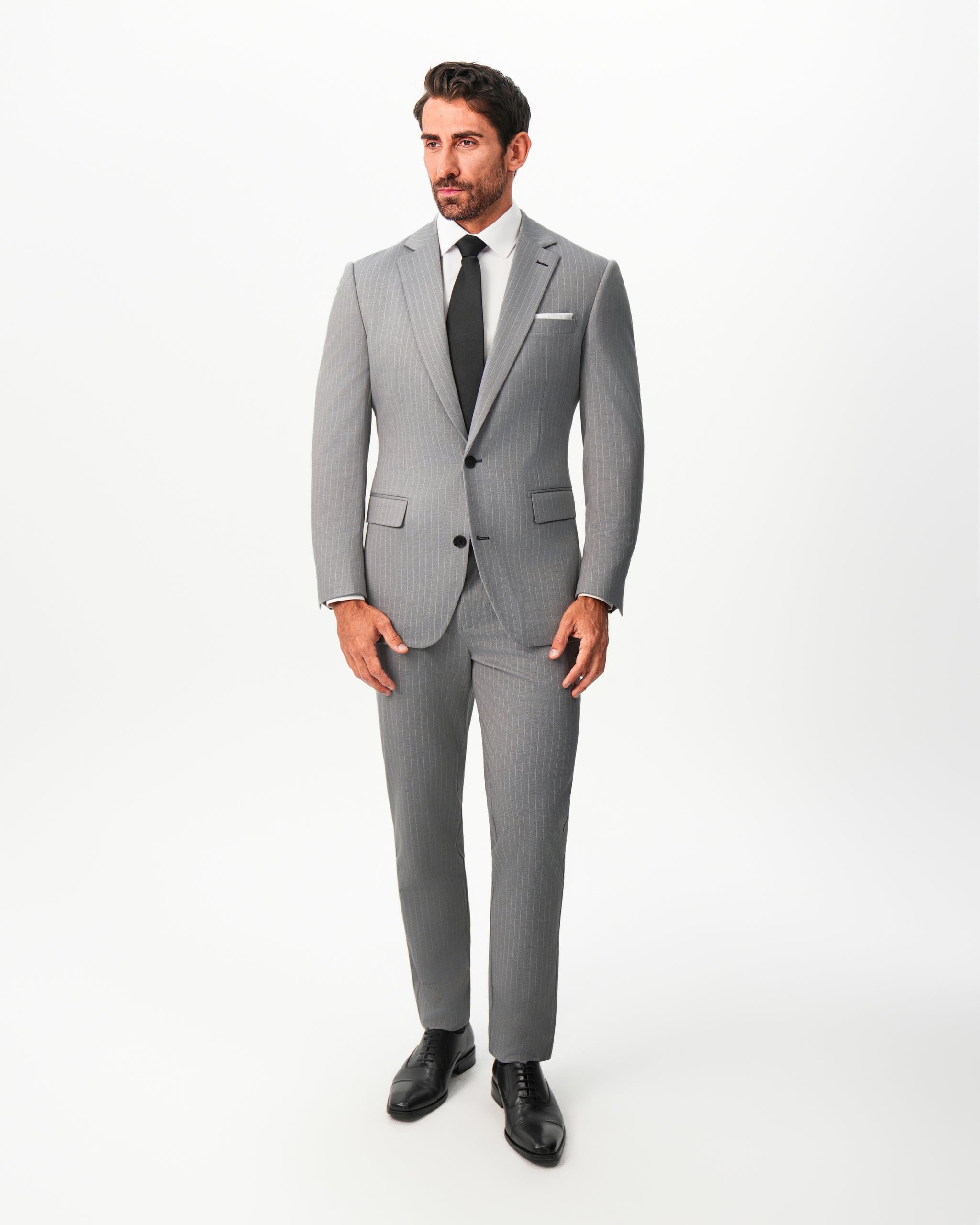Athletic Fit Stretch Suit - Light Grey Chalk Stripe