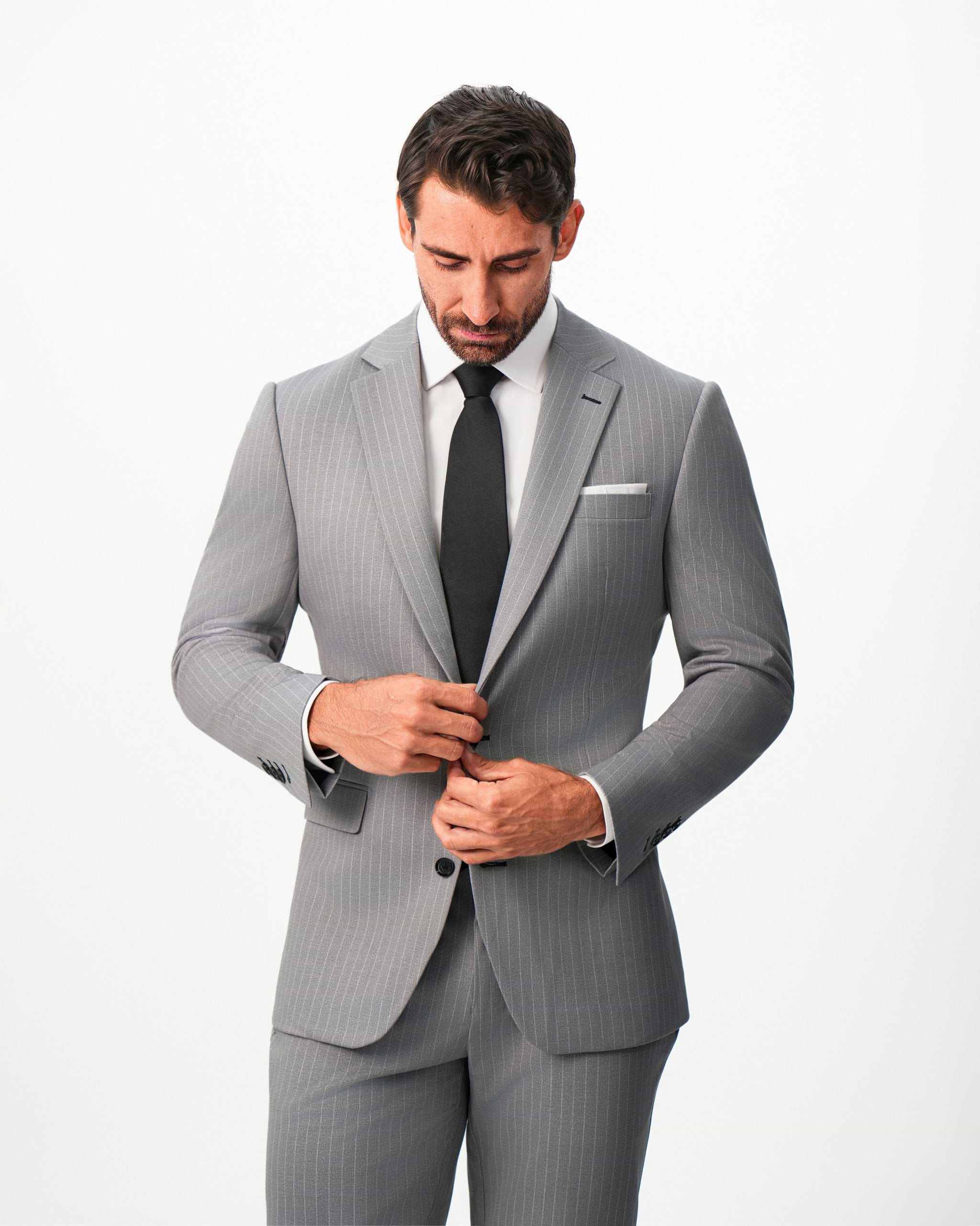 Athletic Fit Stretch Suit - Light Grey Chalk Stripe