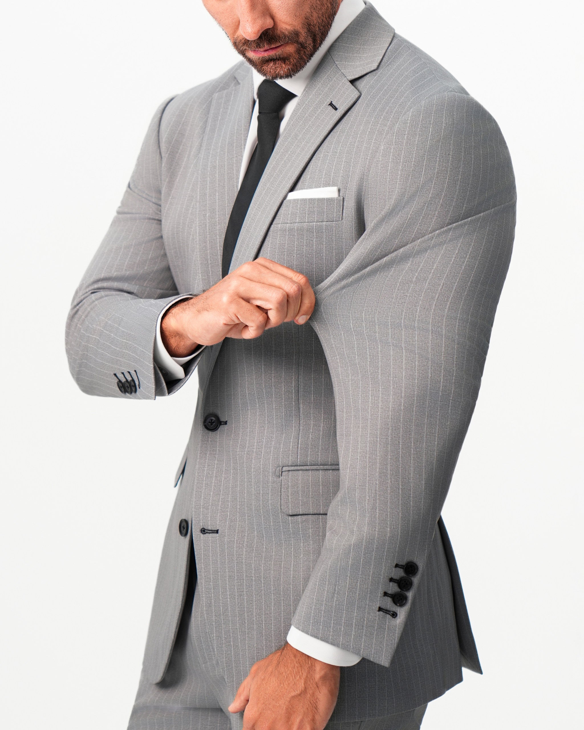 Athletic Fit Stretch Suit - Light Grey Chalk Stripe
