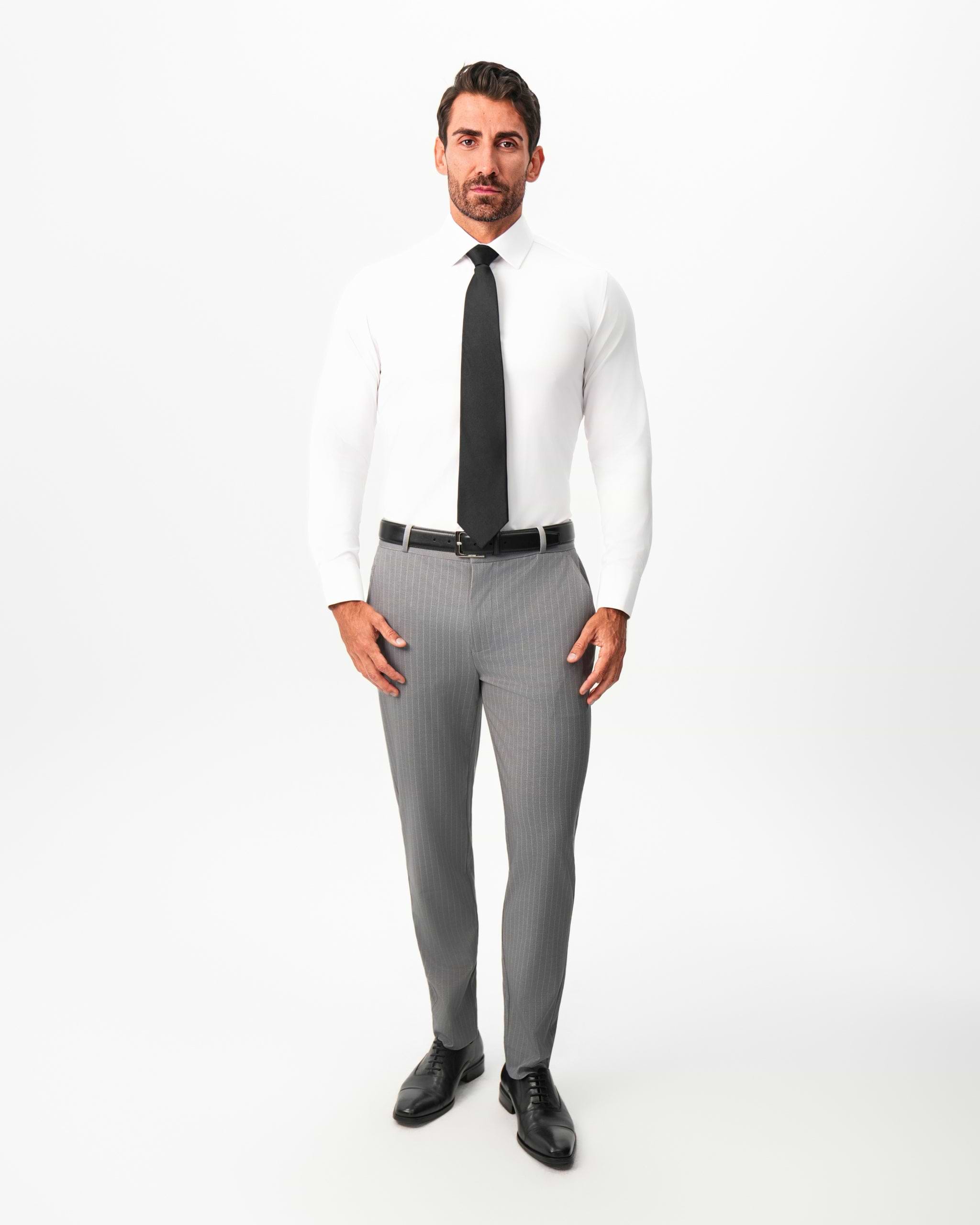 Athletic Fit Stretch Suit Pants - Light Grey Chalk Stripe