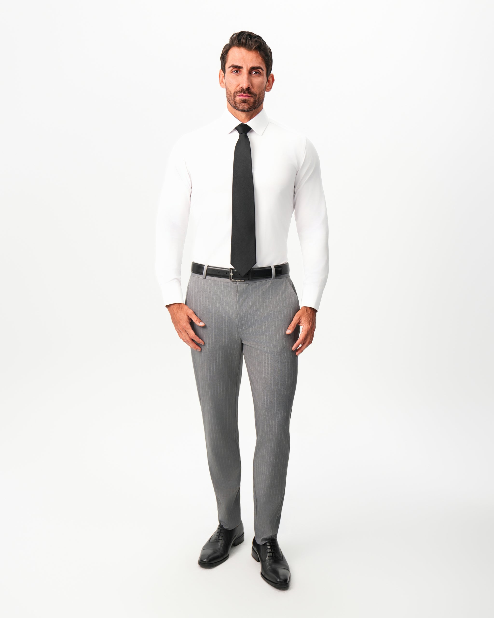 Athletic Fit Stretch Suit Pants - Light Grey Chalk Stripe