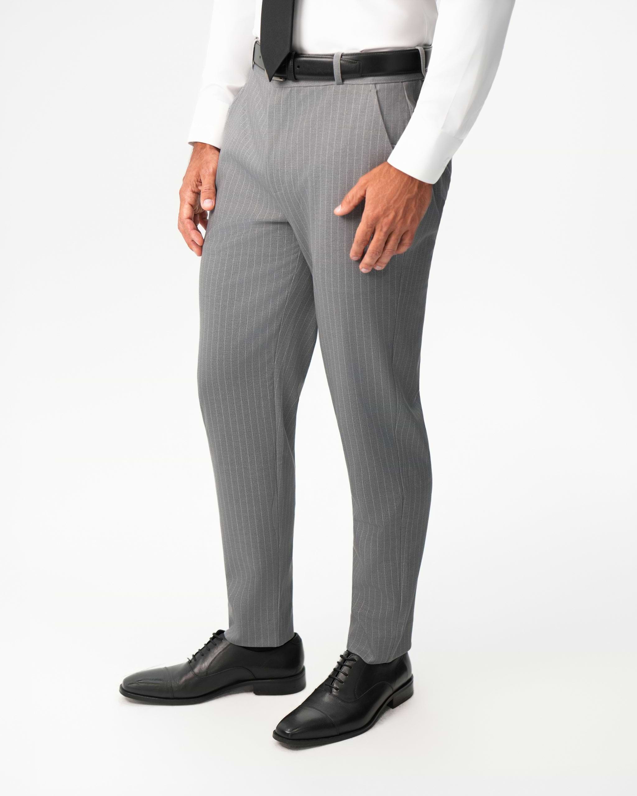 Athletic Fit Stretch Suit Pants - Light Grey Chalk Stripe
