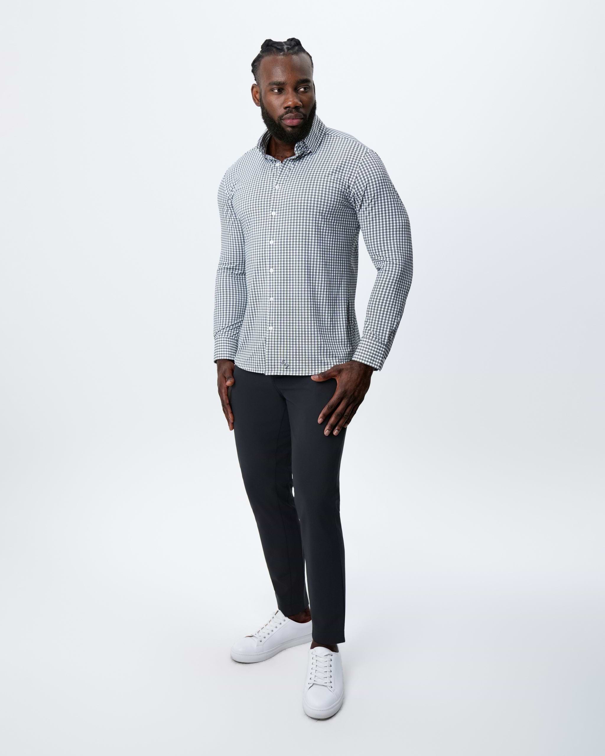 "The Longshore" Sport Shirt - Green and Grey Cross Hatch Windowpane